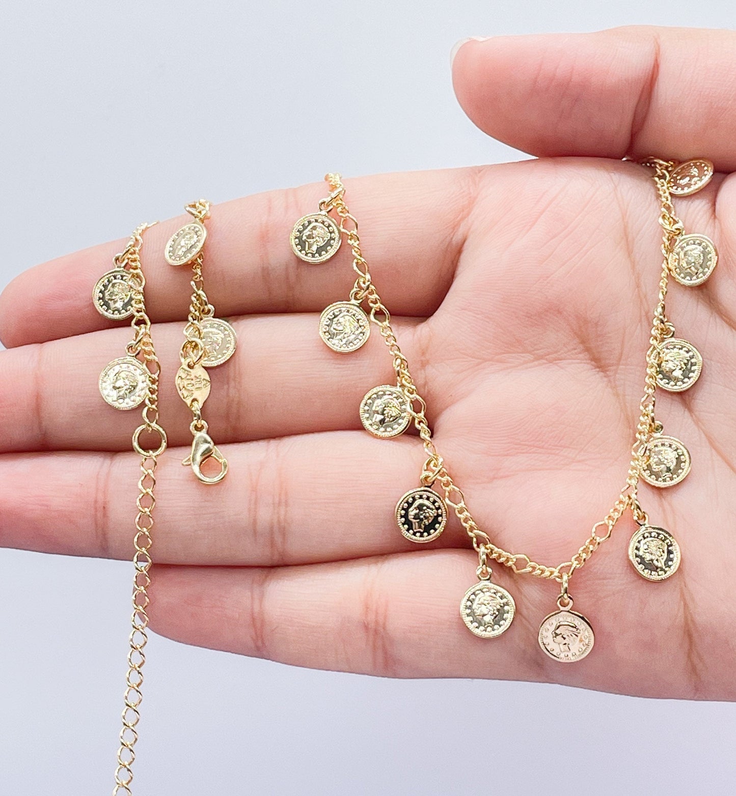 18k GoldFilled Charm Necklace And Bracelet Set With Mini Medallion Charms