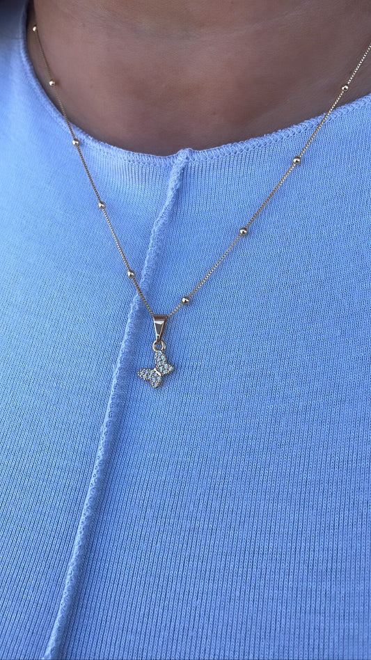18k Gold Filled Mini Pave Butterfly Pendant with Satelite Chain