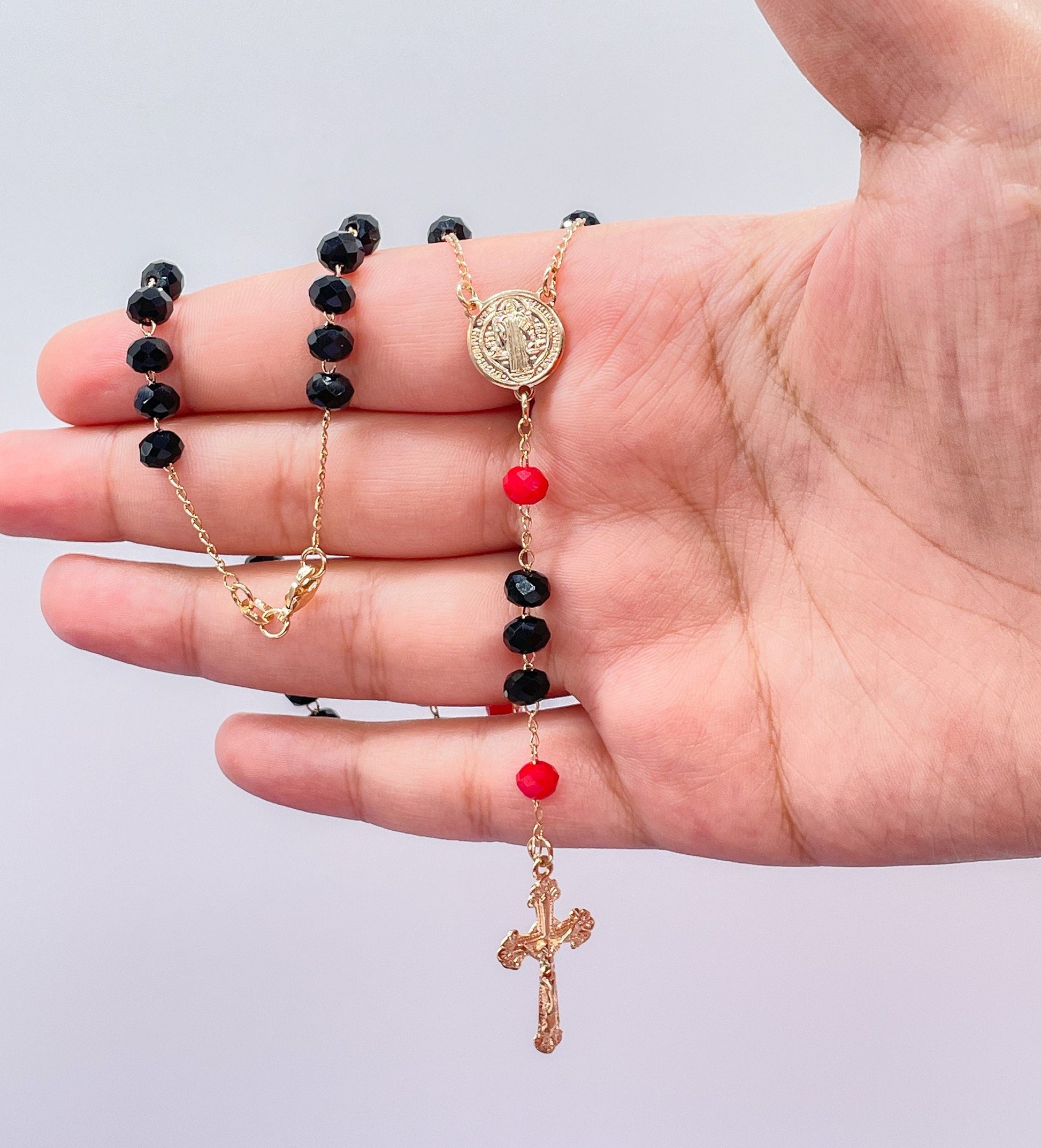 18k Gold Filled Black and Red Beaded Rosary With San Benito Charm And Cross