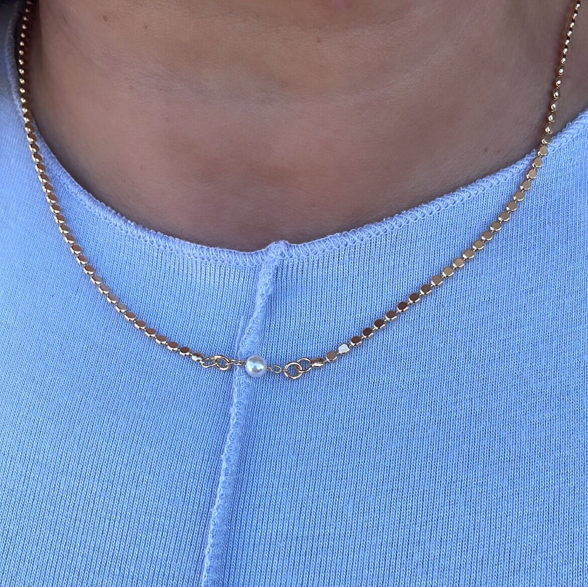 18k Gold Filled Flat Beaded Necklace With Pearl Ball In Center