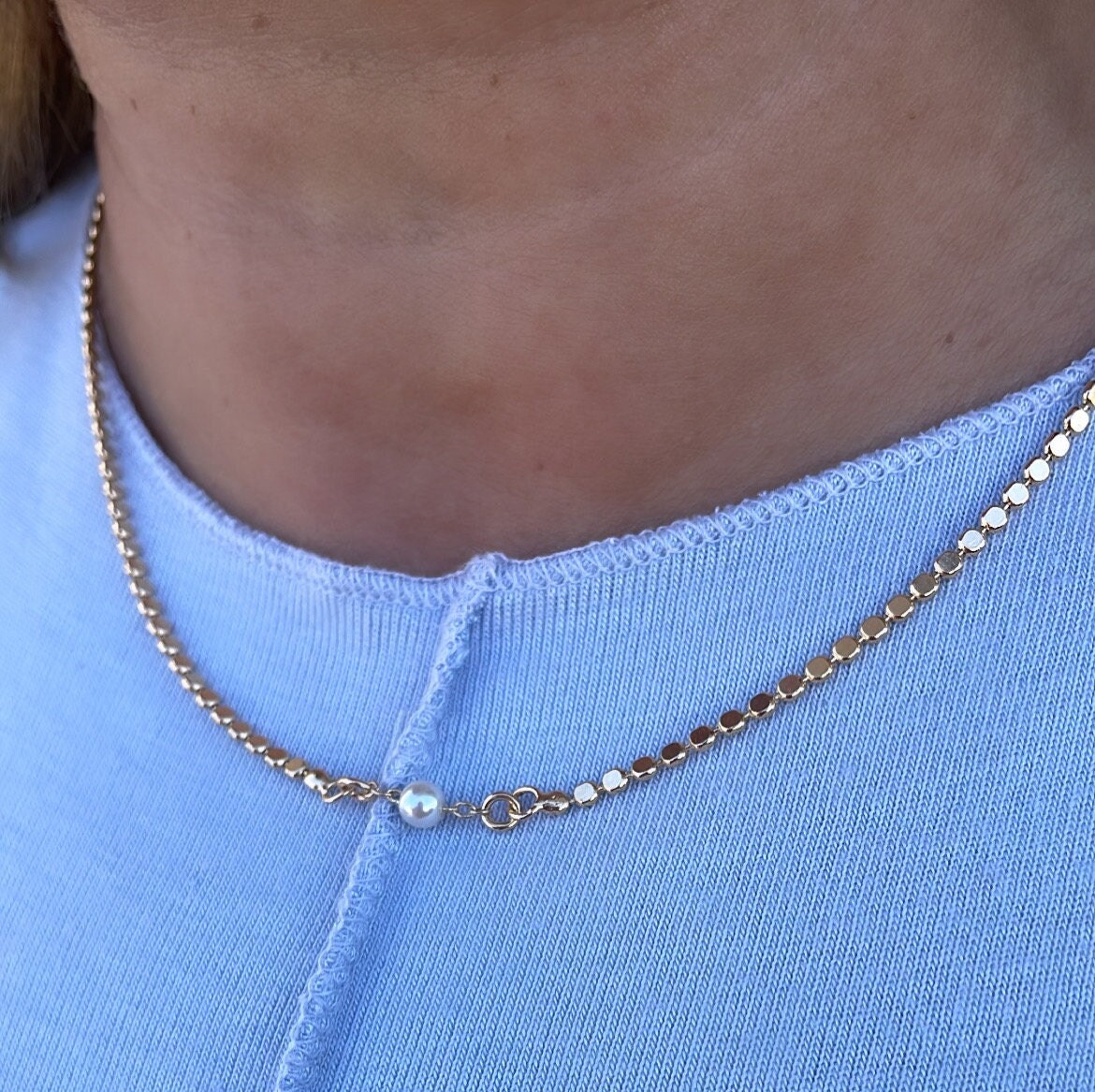 18k Gold Filled Flat Beaded Necklace With Pearl Ball In Center