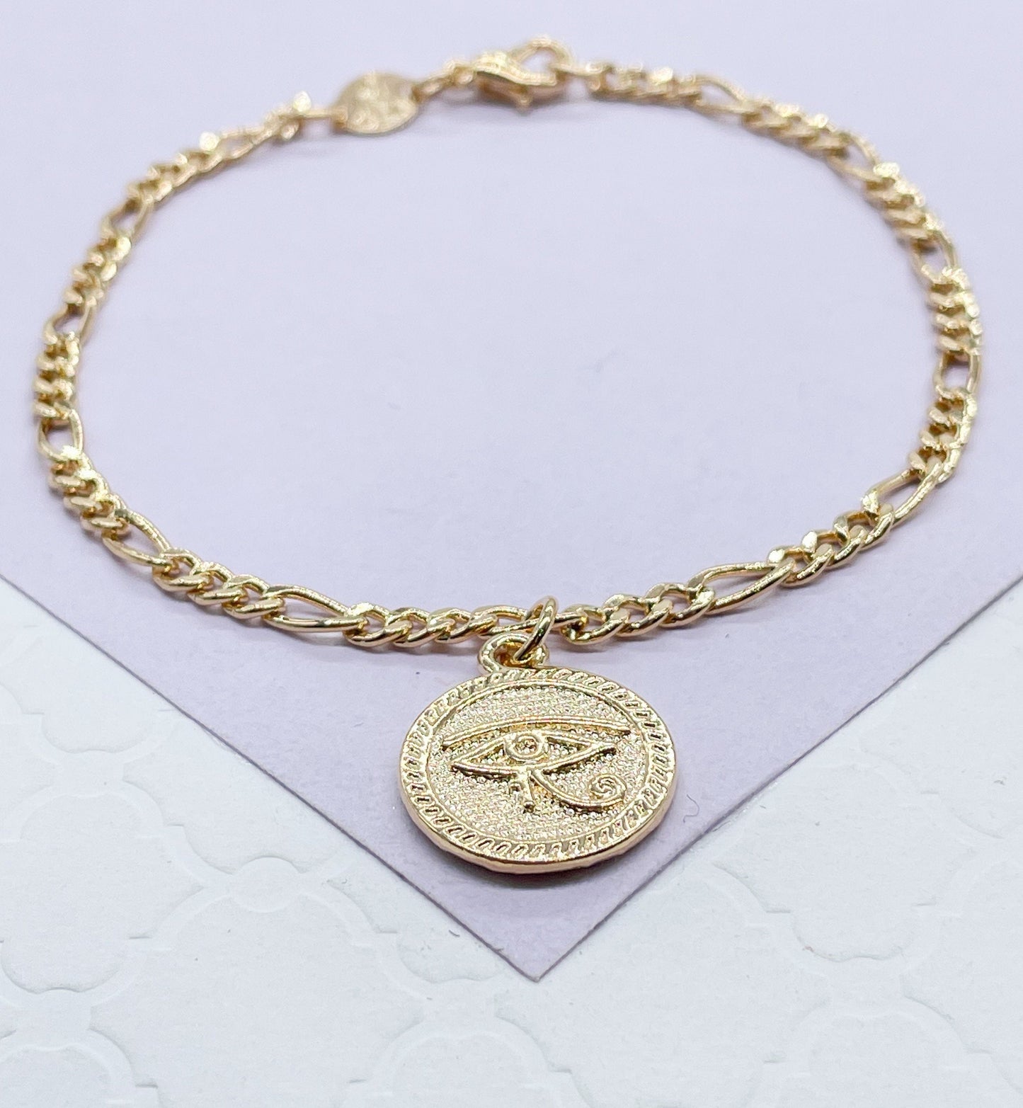 18k Gold Filled Figaro Link Bracelet With Eye Charm in Center