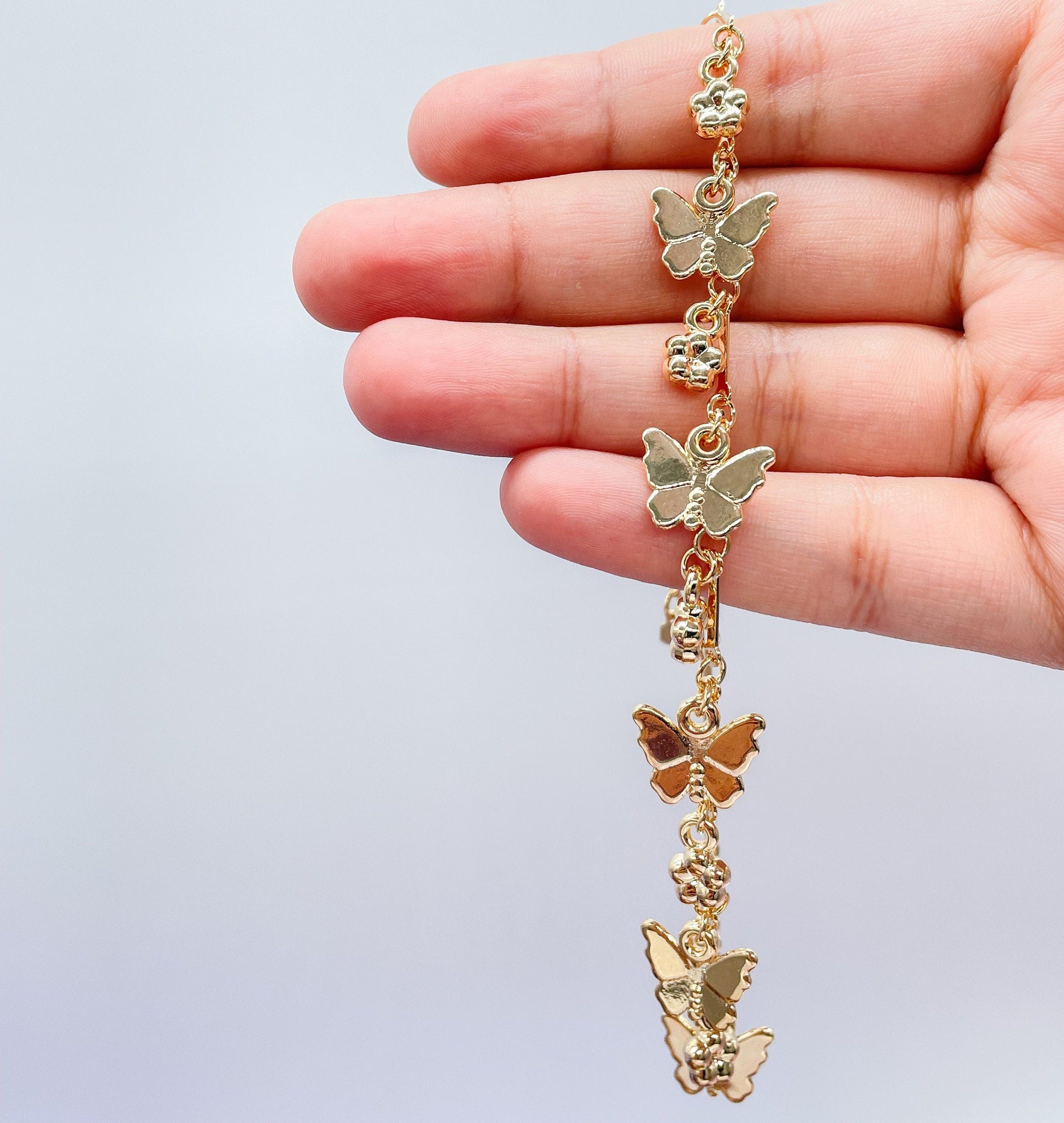 18k Gold Filled Dainty Link Ankle With Butterfly and Four Leaf Clover Charms