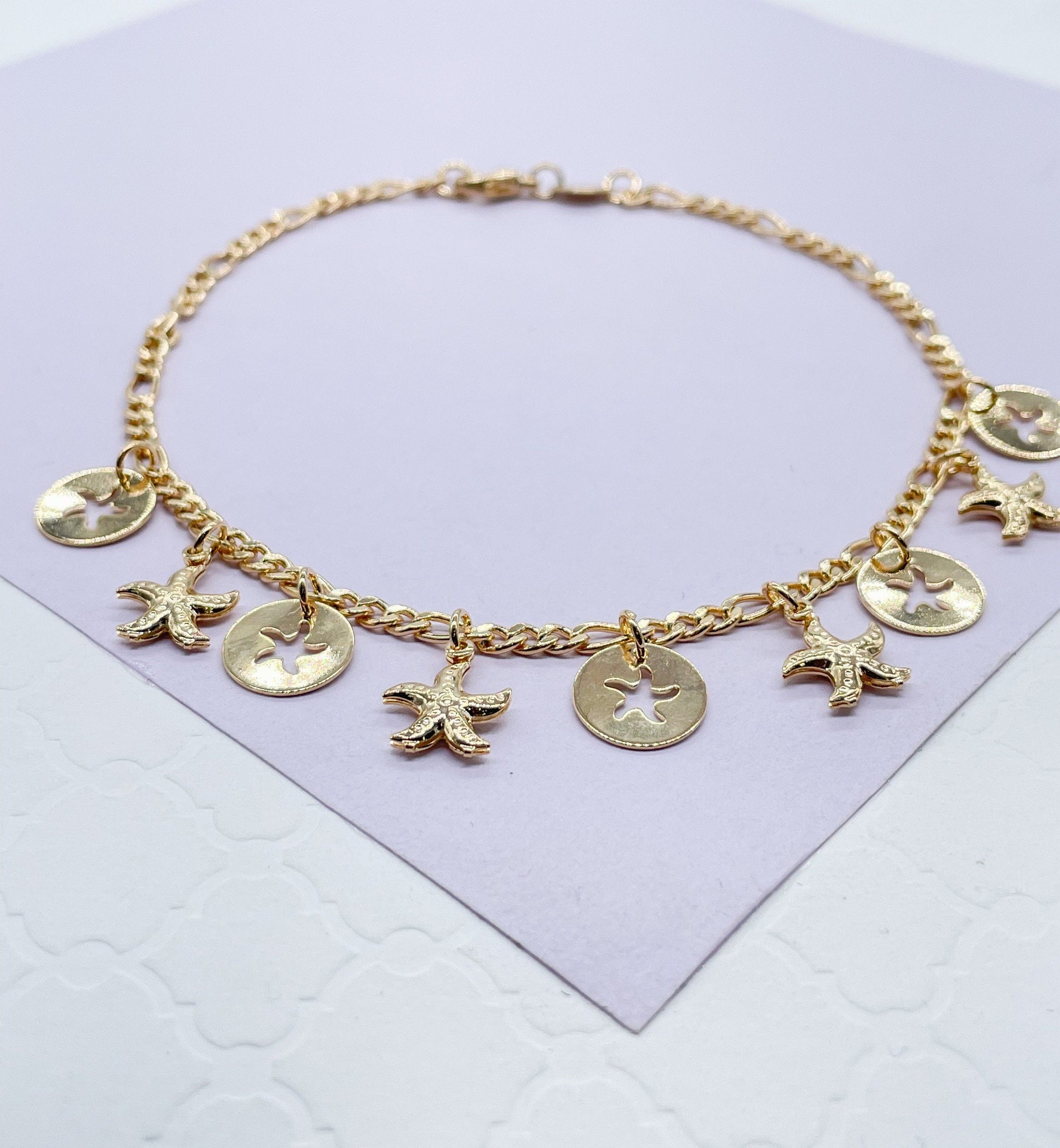 18k Gold Filled Figaro Link Anklet With Star Fish Charms