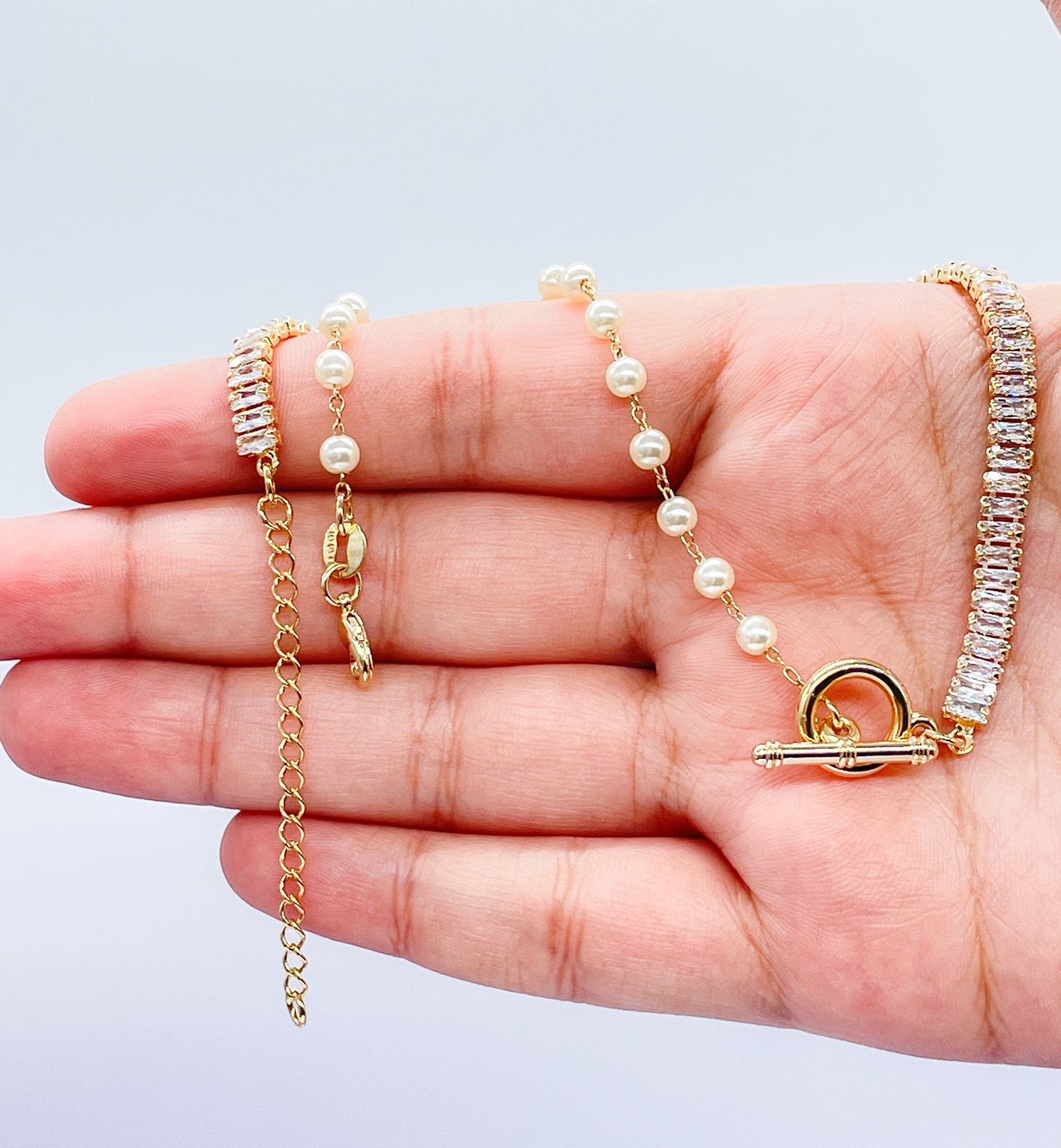 18k Gold Filled Half Baguette Tennis & Half Pearl Necklace Chain Choker
