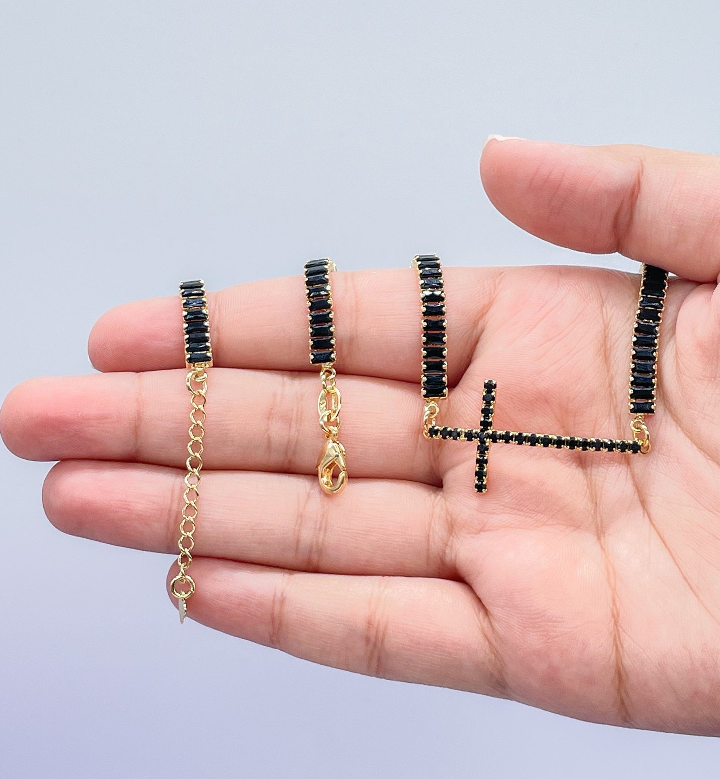 18k Gold Filled Baguette Choker With CZ Pavè Cross In The Center