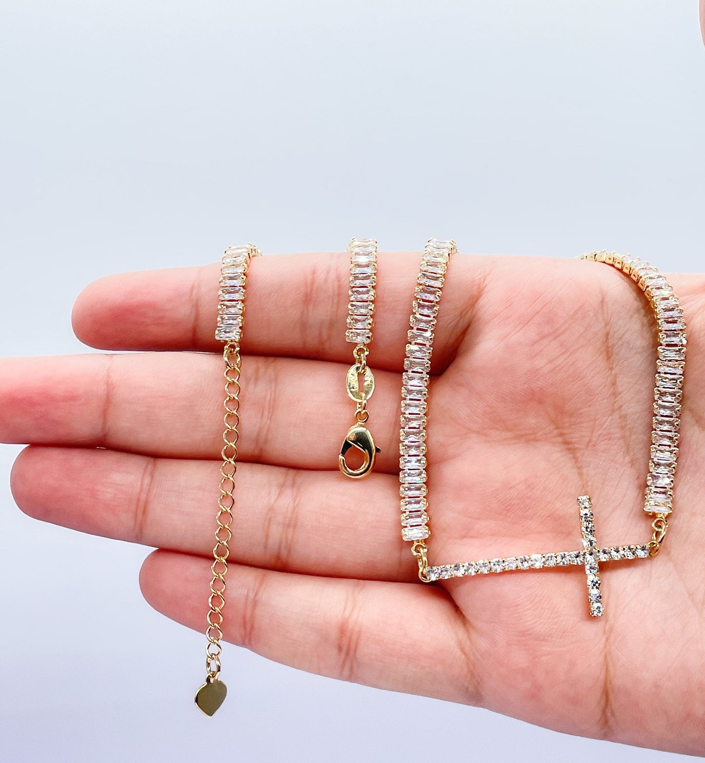 18k Gold Filled Baguette Choker With CZ Pavè Cross In The Center