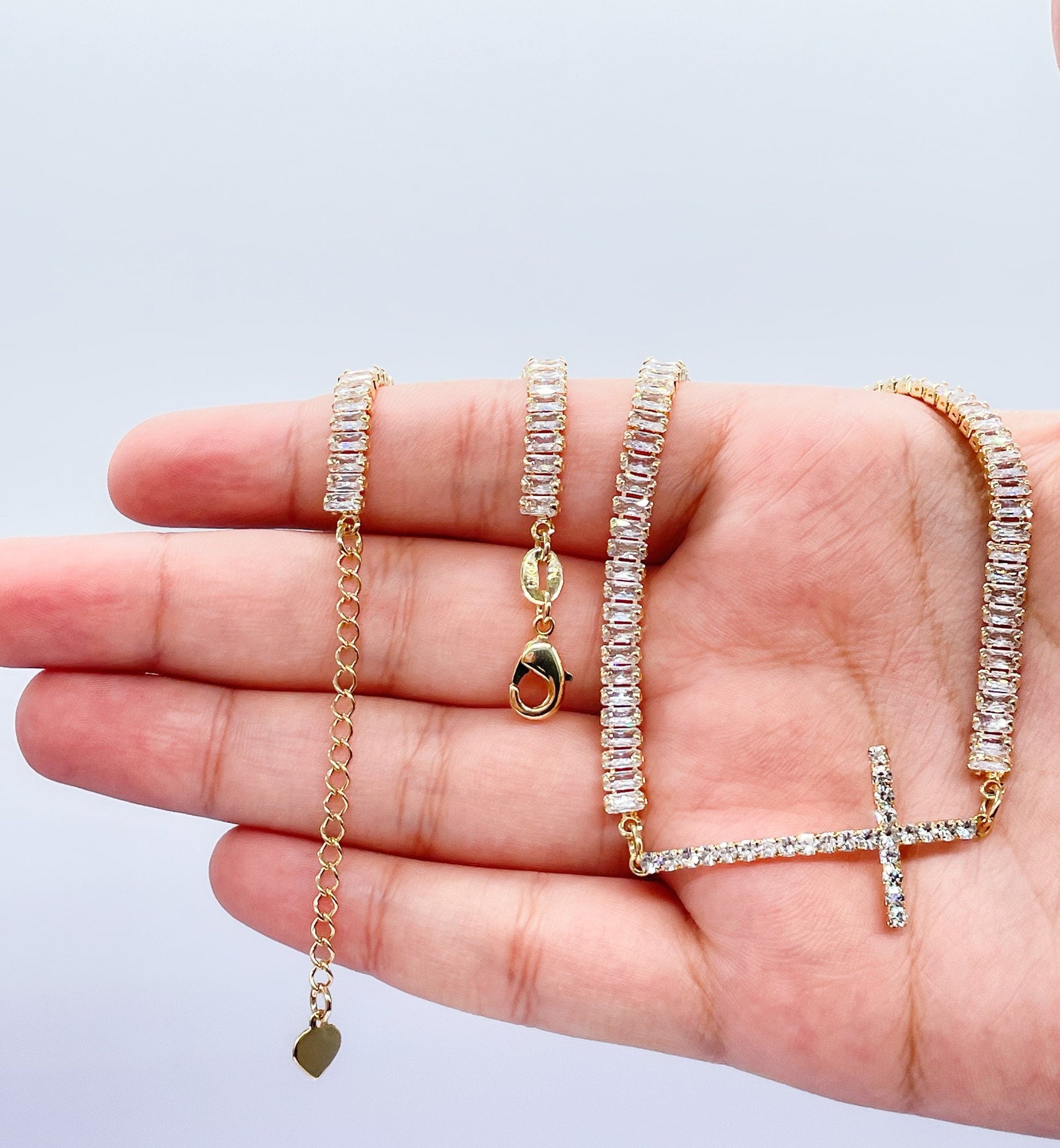 18k Gold Filled Baguette Choker With CZ Pavè Cross In The Center