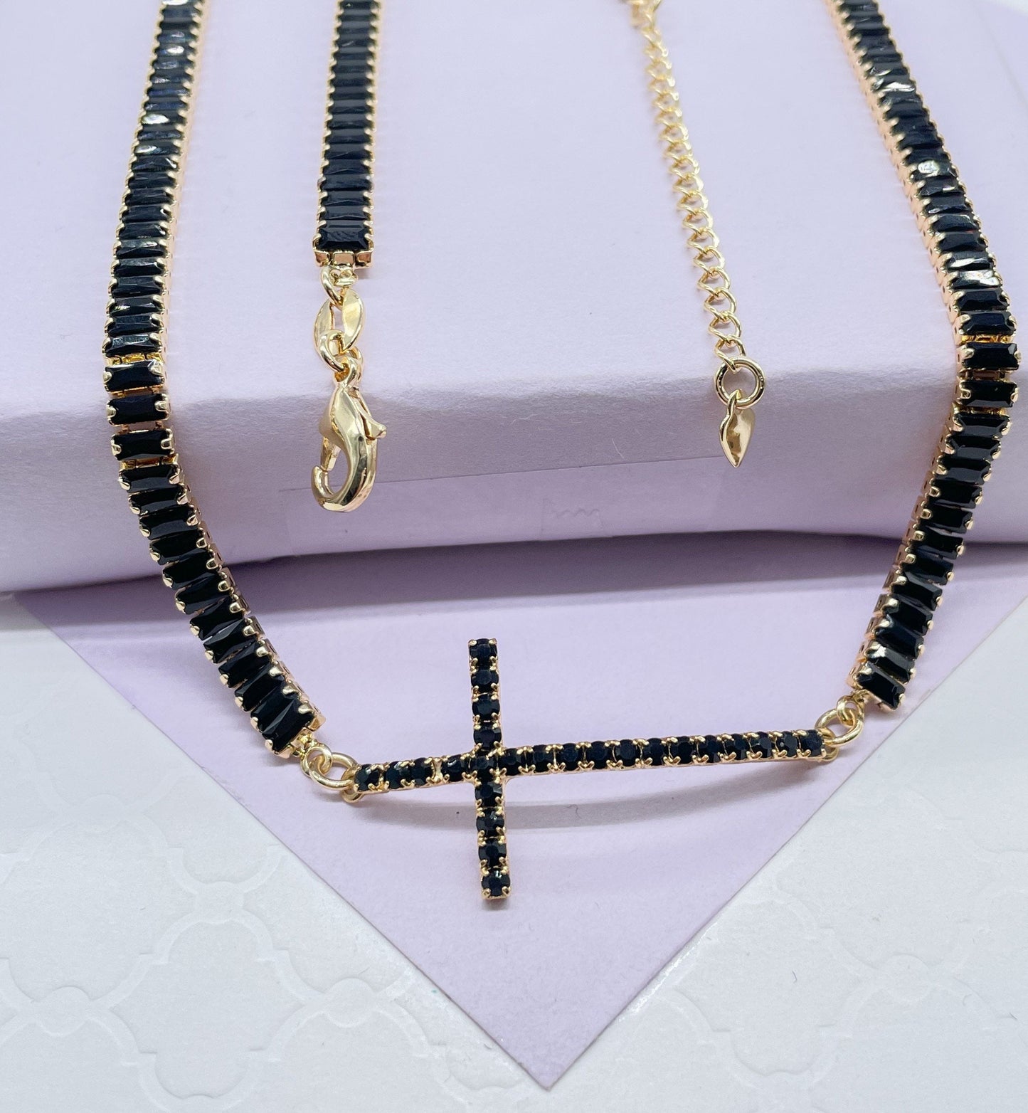18k Gold Filled Baguette Choker With CZ Pavè Cross In The Center