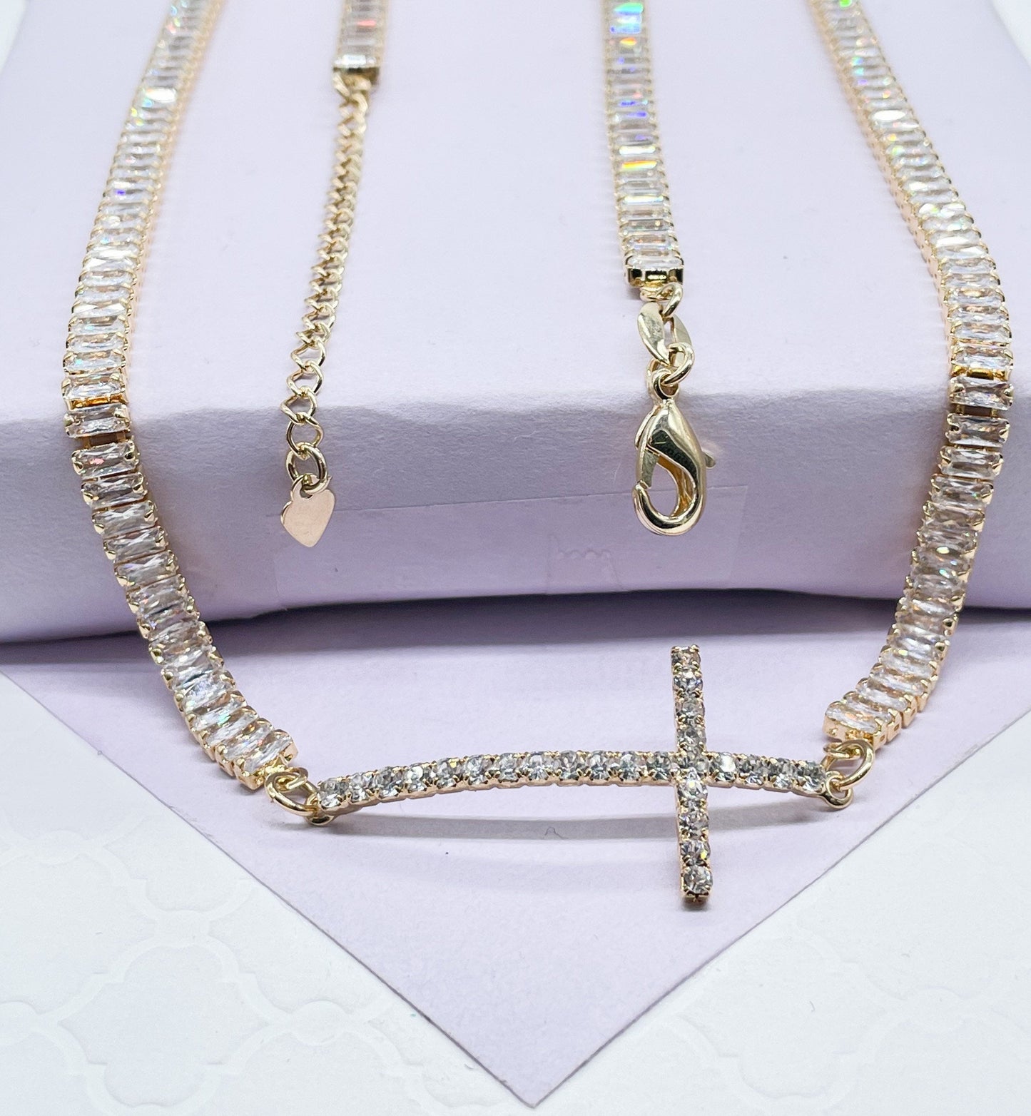 18k Gold Filled Baguette Choker With CZ Pavè Cross In The Center