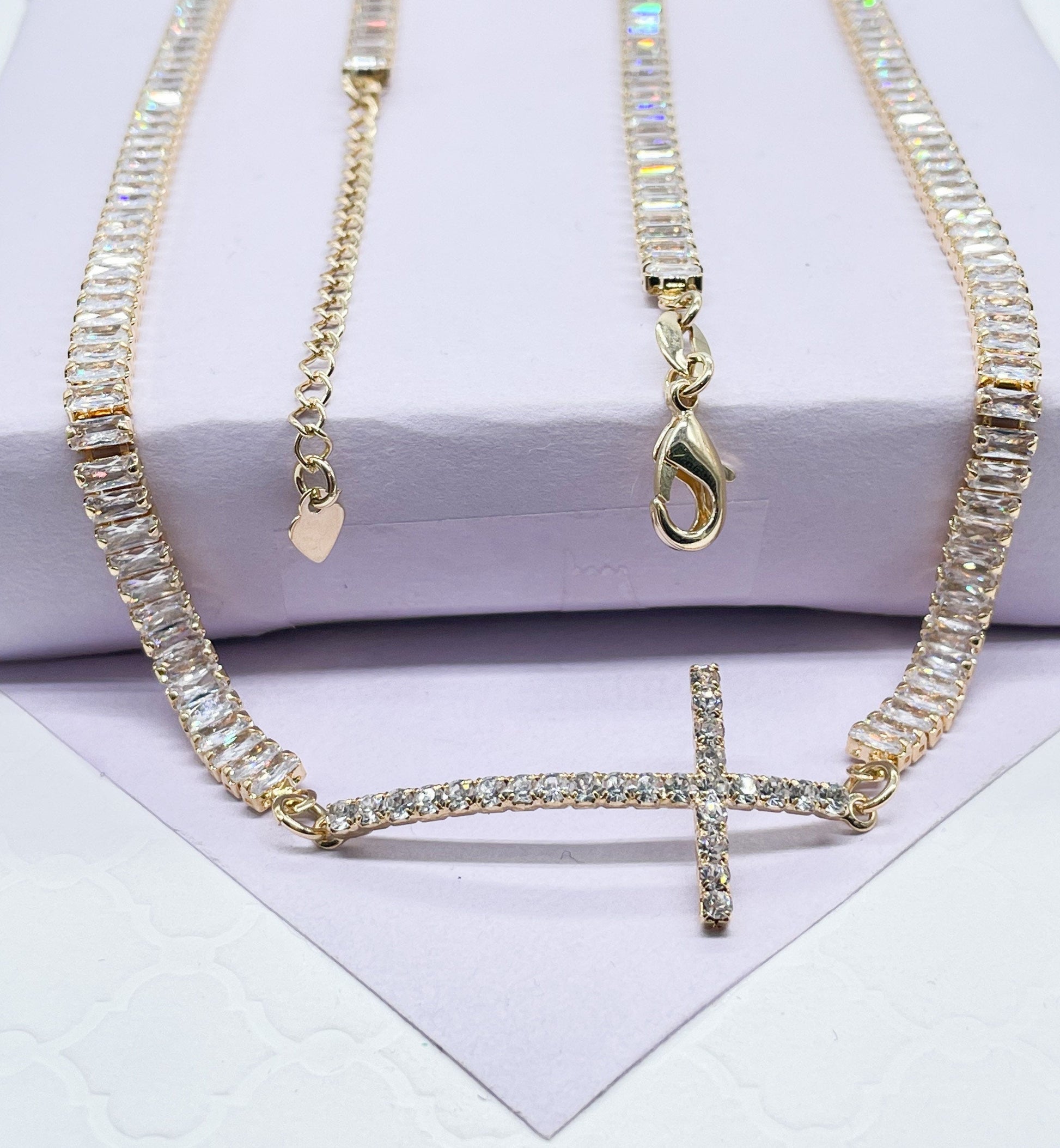 18k Gold Filled Baguette Choker With CZ Pavè Cross In The Center