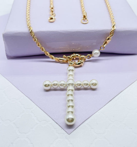 18k Gold Filled Rope Chain Necklace: Pearl Cross Pendant