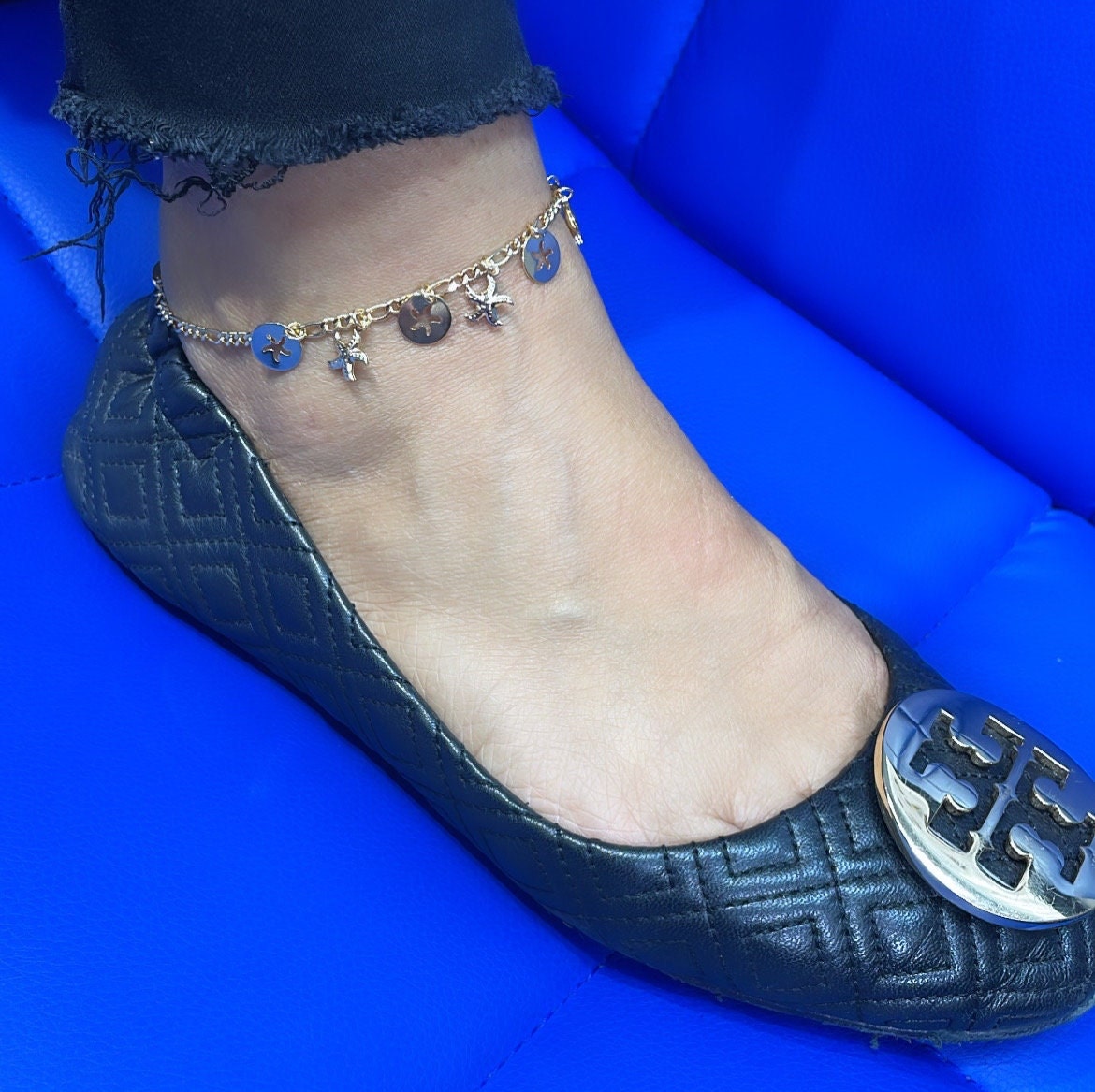 18k Gold Filled Figaro Link Anklet With Star Fish Charms