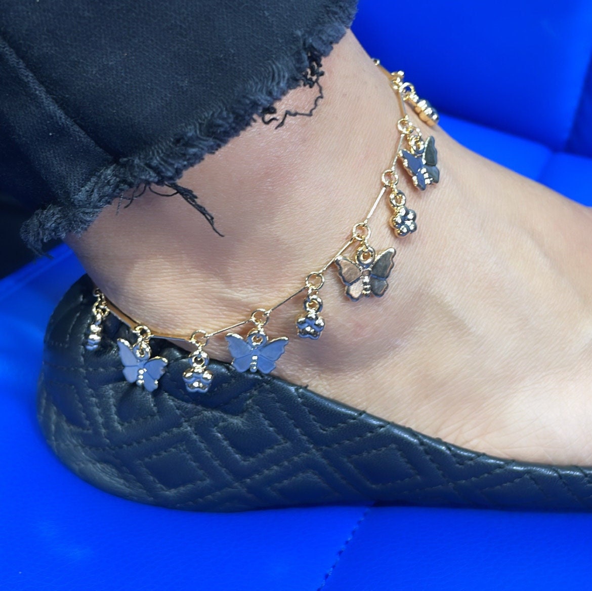 18k Gold Filled Dainty Link Ankle With Butterfly and Four Leaf Clover Charms