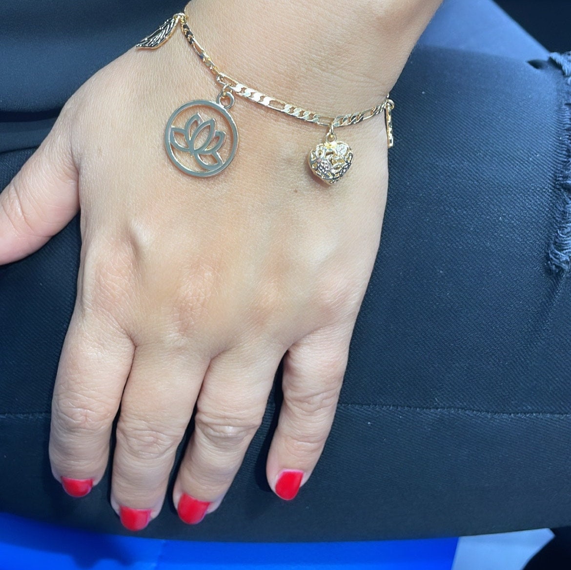 18k Gold Filled Figaro Link Bracelet With Lotus Flower Heart and Leaf Charms