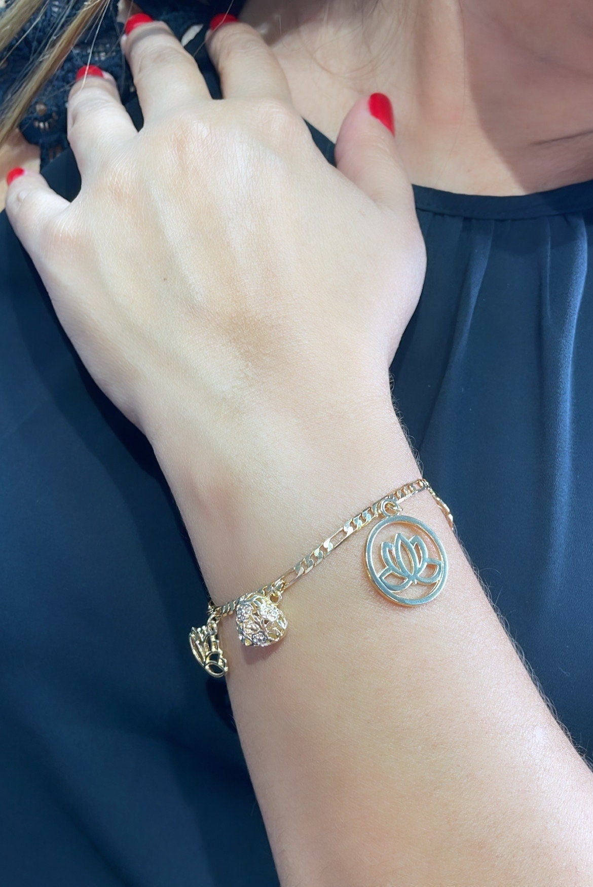 18k Gold Filled Figaro Link Bracelet With Lotus Flower Heart and Leaf Charms