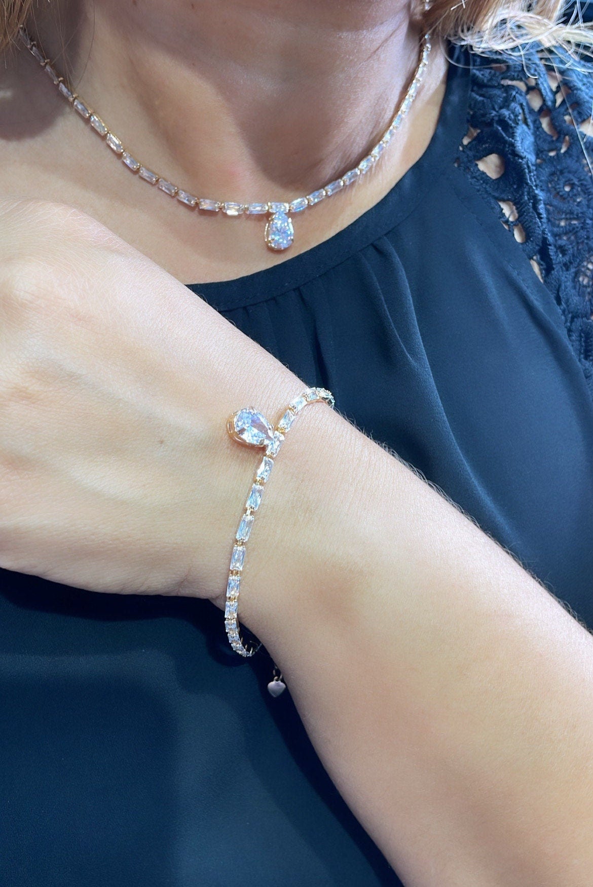 18k GoldFilled Baguette CZ Stone Set With Pear Shaped Stone in Center