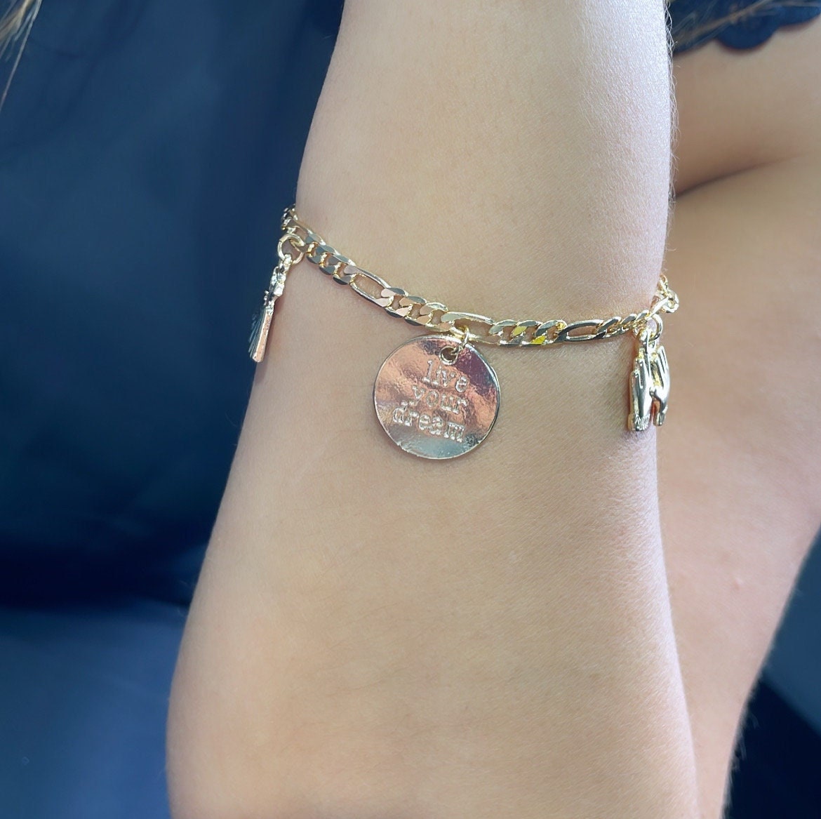 18k Gold Filled Figaro Link Charm Bracelet With Girly and Encouragement Charms