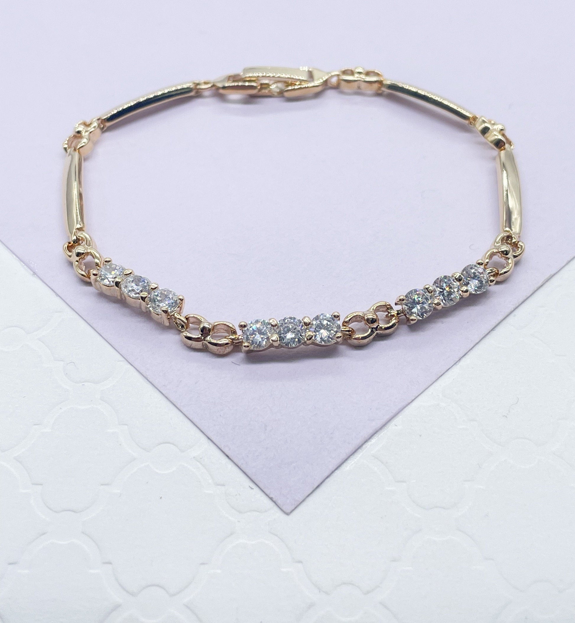 18k Gold Filled Smooth Delicate Bracelet with Interlocked groups of 3 CZ Stones
