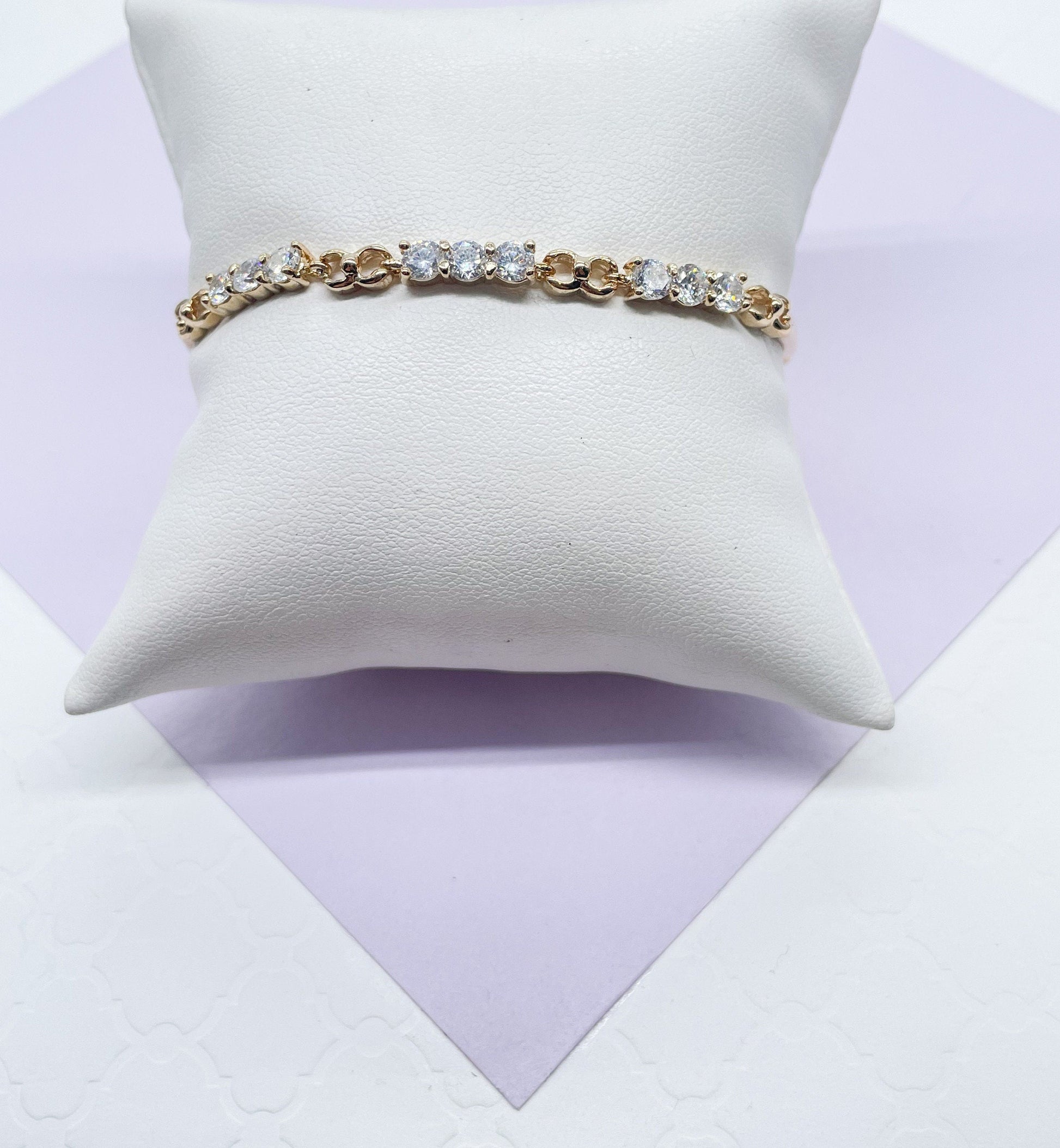 18k Gold Filled Smooth Delicate Bracelet with Interlocked groups of 3 CZ Stones