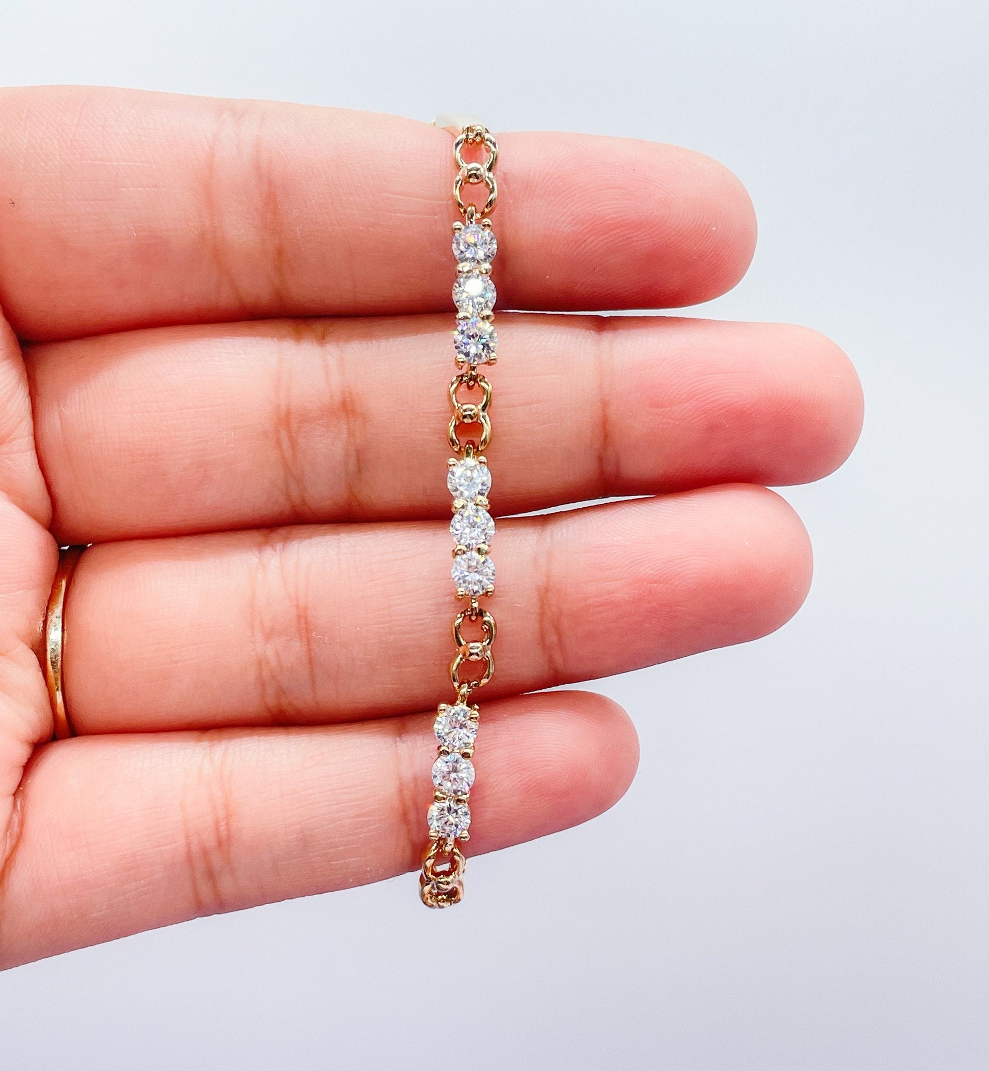 18k Gold Filled Smooth Delicate Bracelet with Interlocked groups of 3 CZ Stones