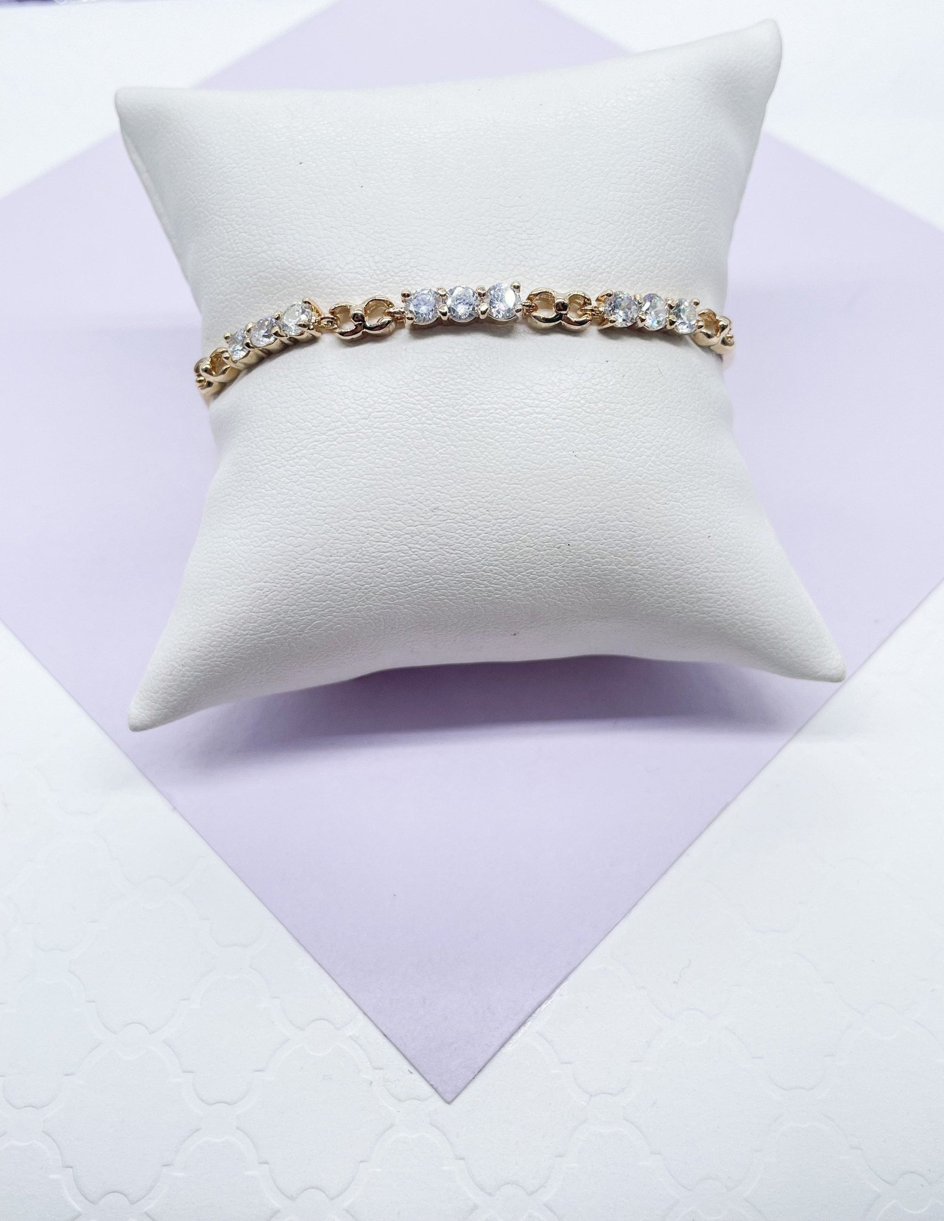 18k Gold Filled Smooth Delicate Bracelet with Interlocked groups of 3 CZ Stones