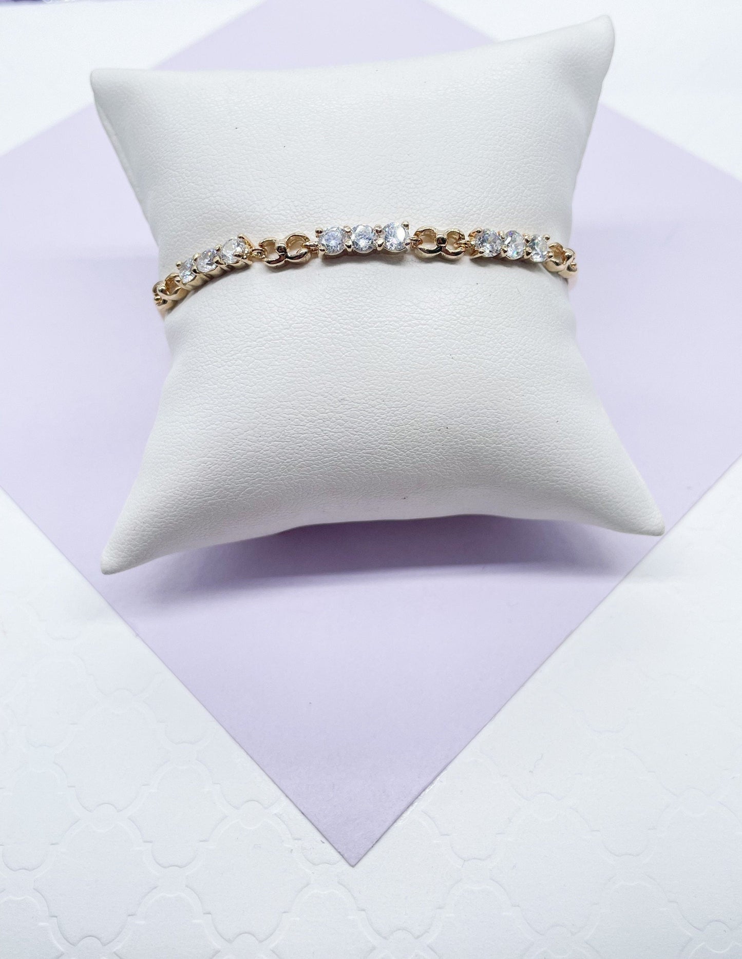 18k Gold Filled Smooth Delicate Bracelet with Interlocked groups of 3 CZ Stones