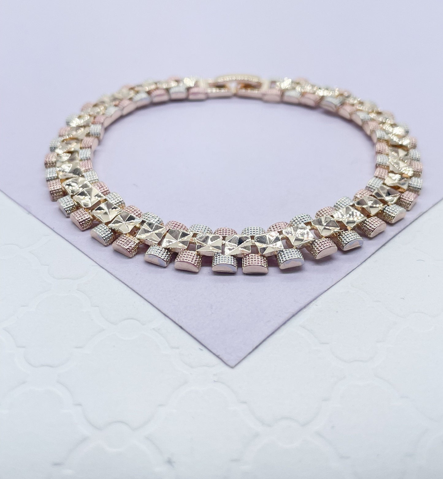 18k GoldFilled Tri-Colored Square Diamond Cut Patterned Textured Bracelet