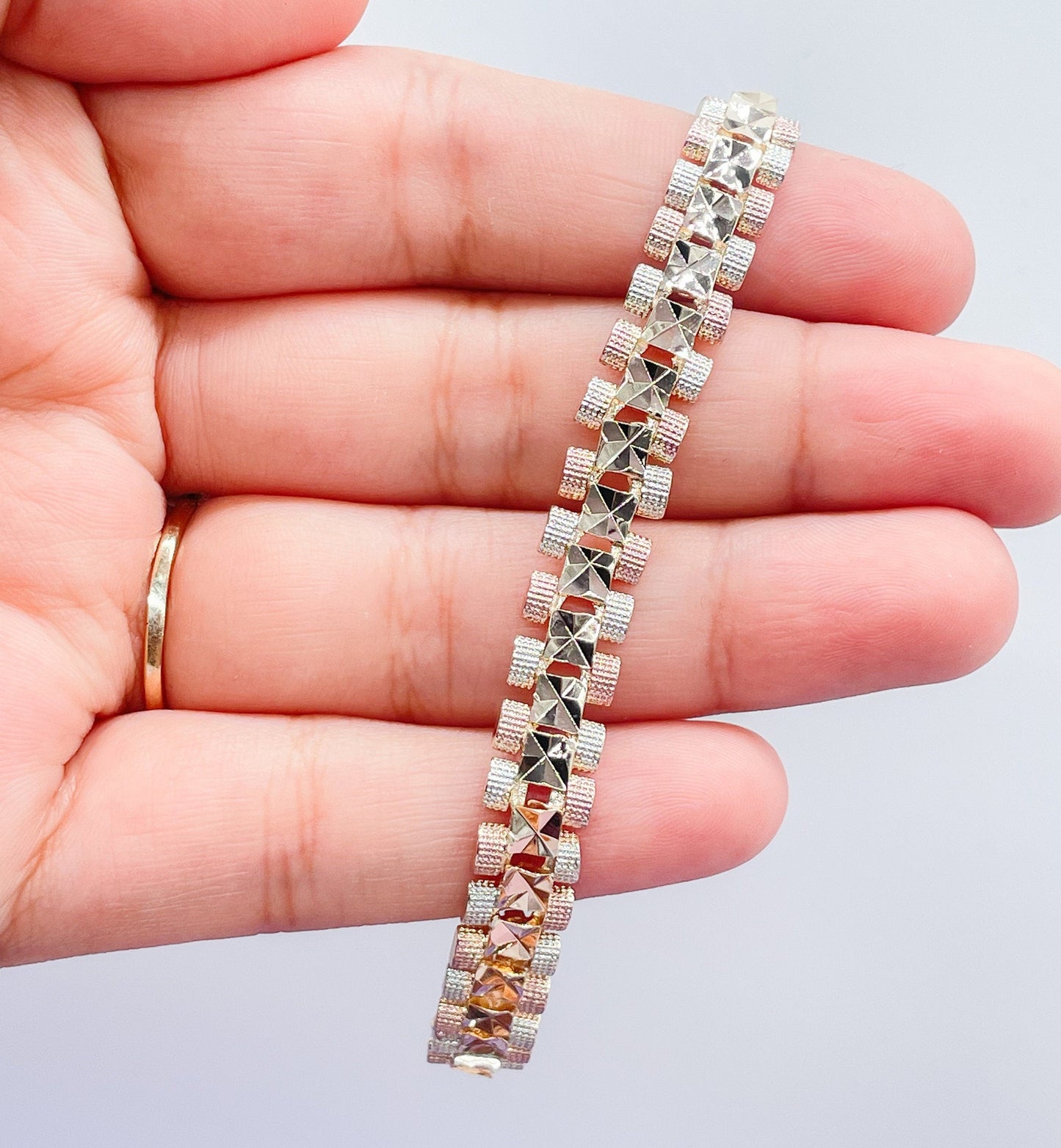 18k GoldFilled Tri-Colored Square Diamond Cut Patterned Textured Bracelet