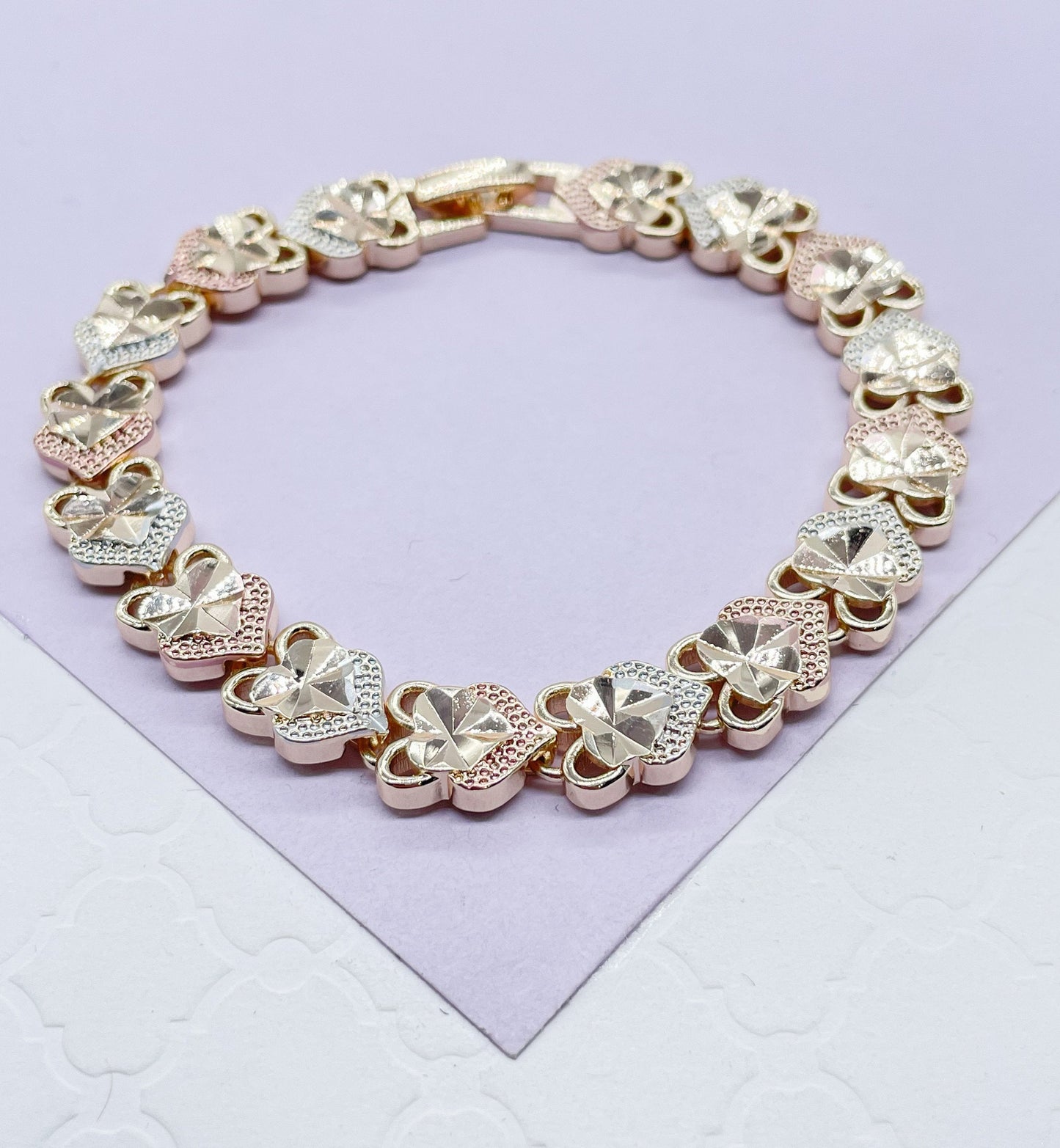 18k GoldFilled Tri-Colored Diamond Cut Heart Bracelet