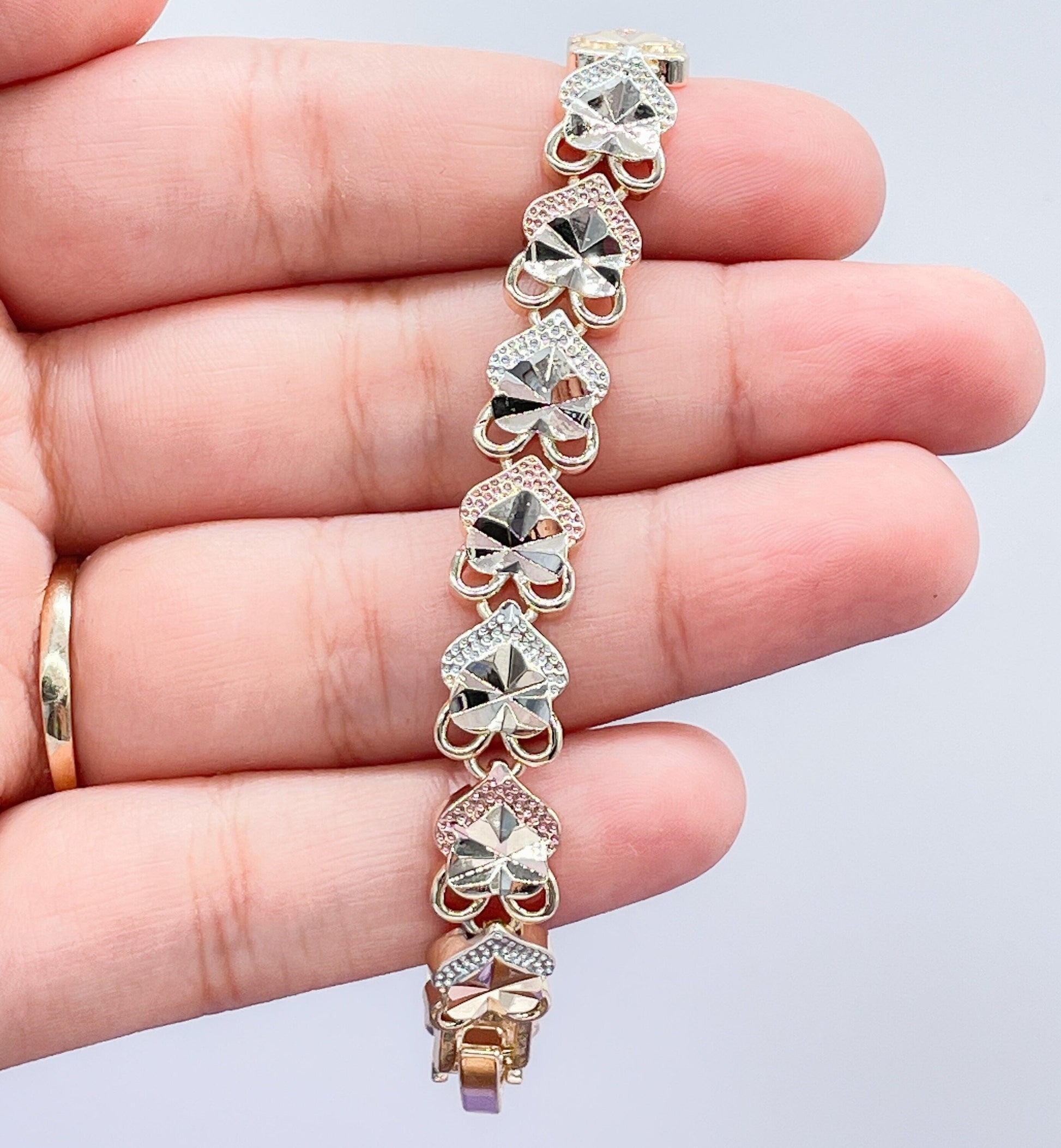 18k GoldFilled Tri-Colored Diamond Cut Heart Bracelet
