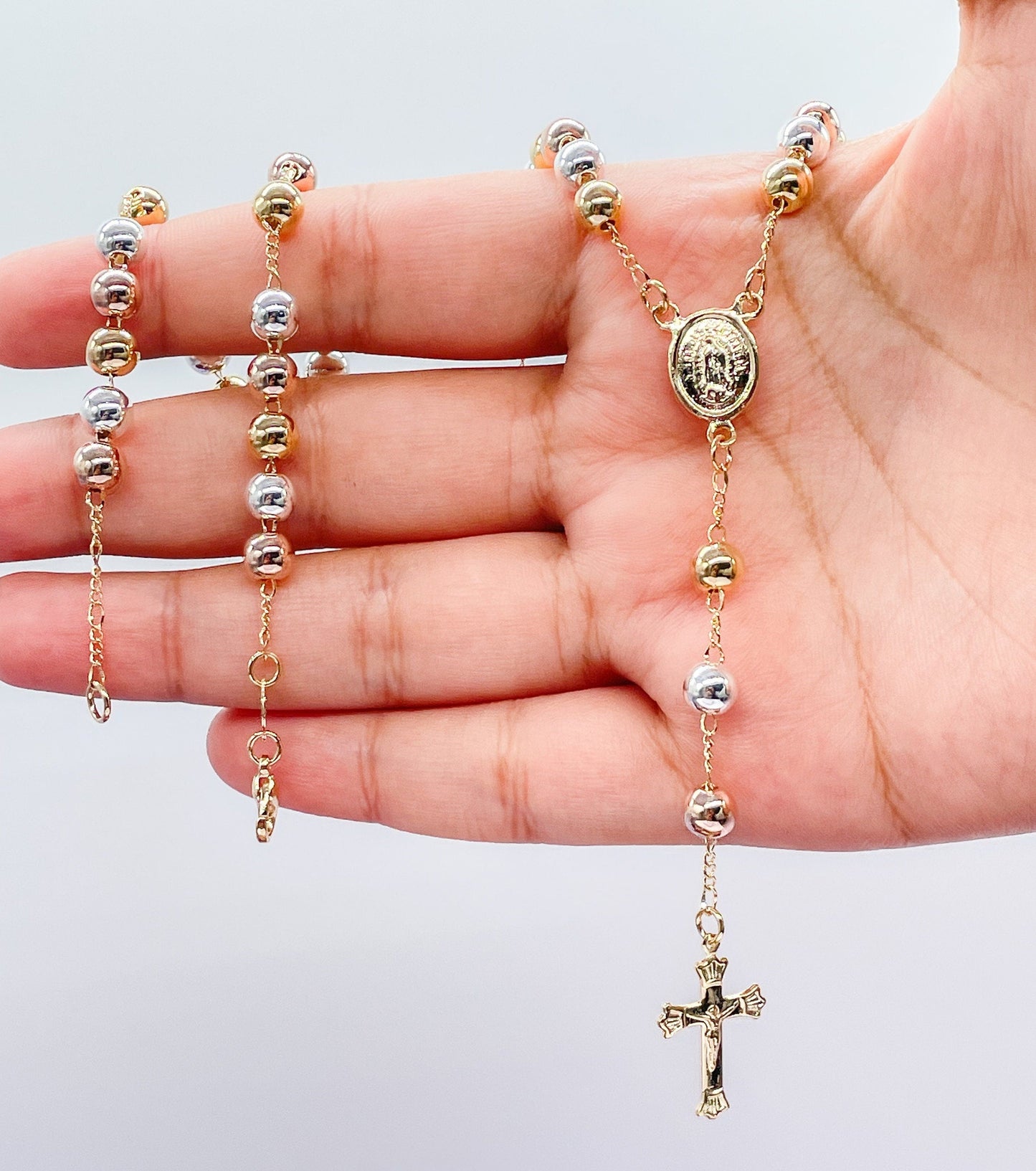 18k Gold Filled Tri-Colored Rosary With Virgin Mary Medal and Crucifix
