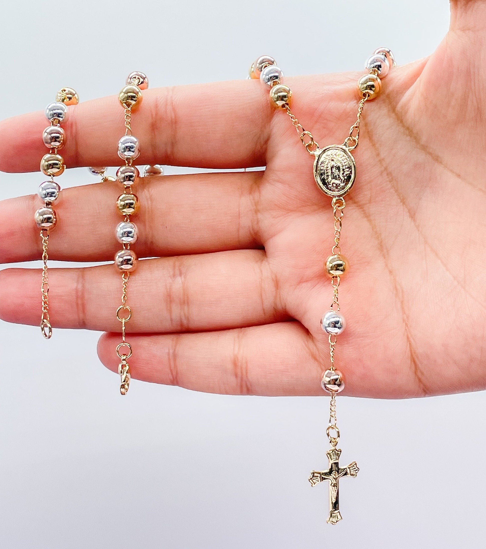 18k Gold Filled Tri-Colored Rosary With Virgin Mary Medal and Crucifix