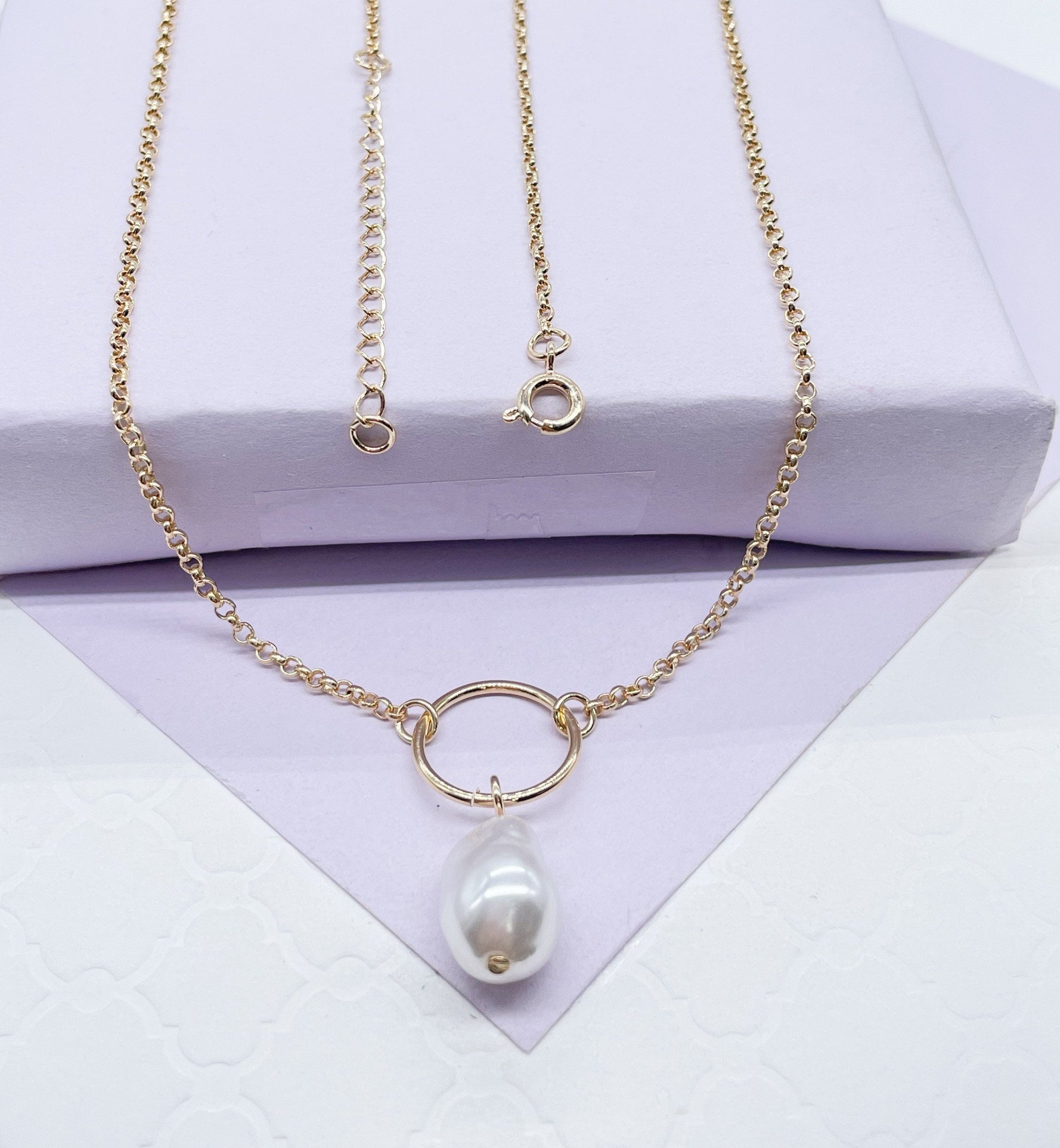 18k Gold Filled Rolo Choker With Large Synthetic Pearl Charm