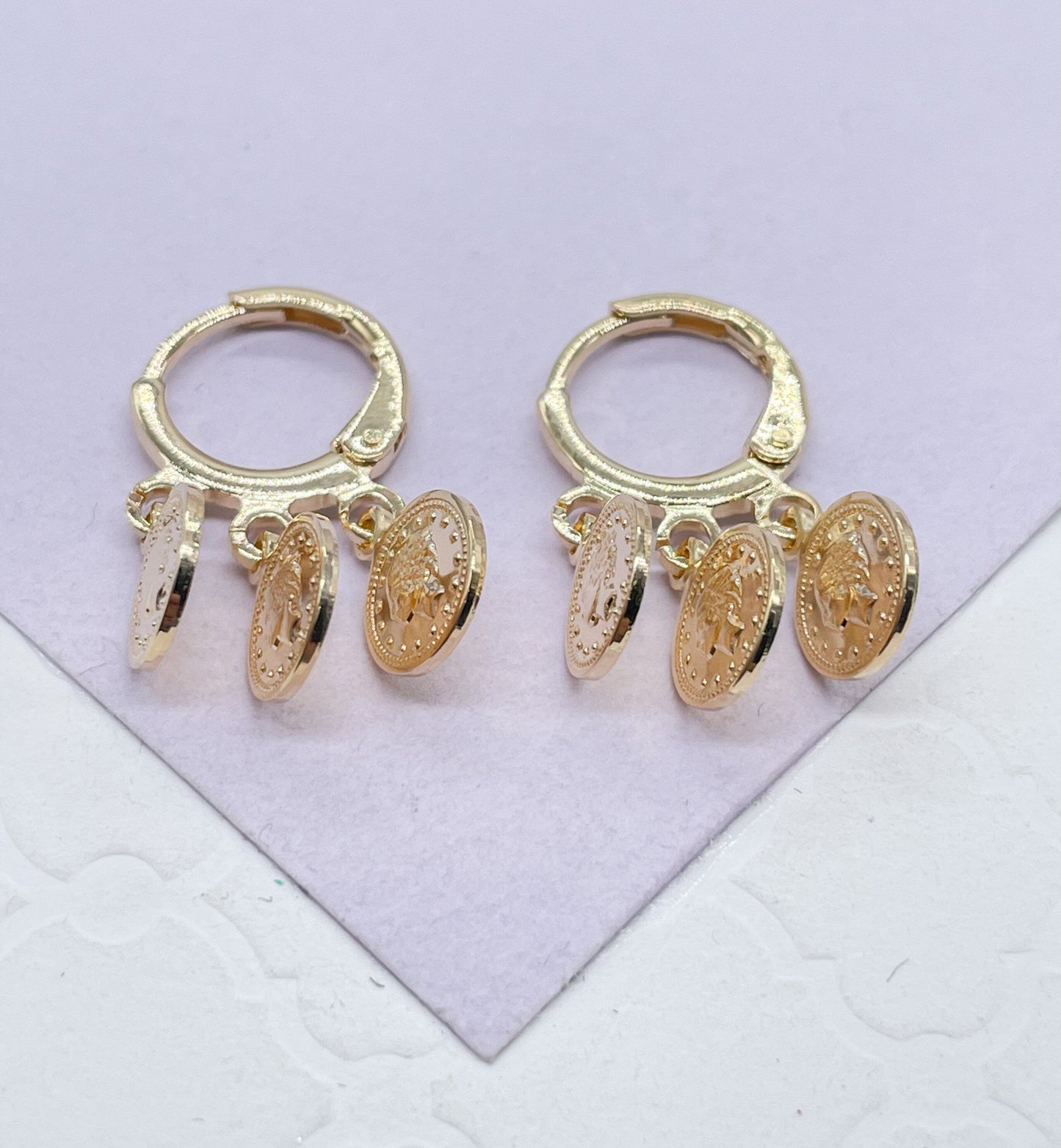 18k GoldFilled Small Hoop With Dangling Medallion Charms, Rome Emperor Coin, Vintage Medalion