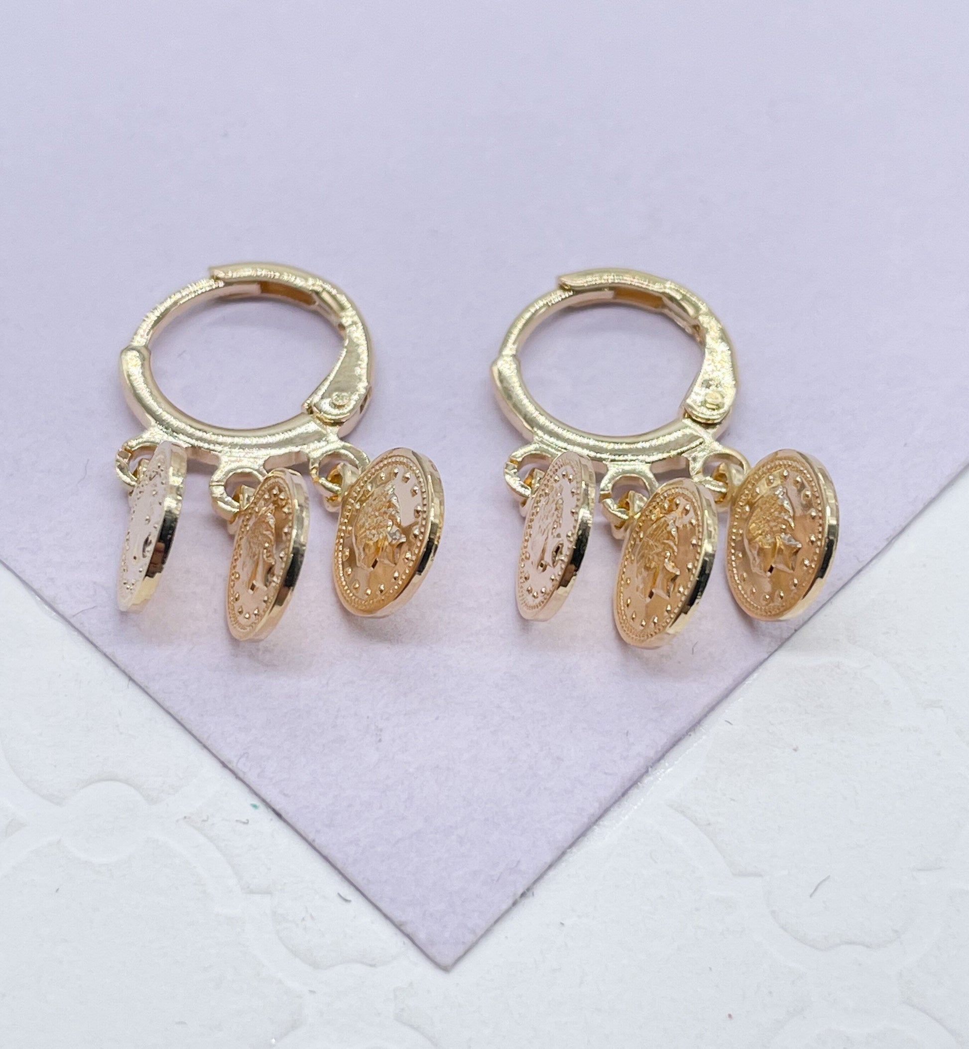 18k GoldFilled Small Hoop With Dangling Medallion Charms, Rome Emperor Coin, Vintage Medalion