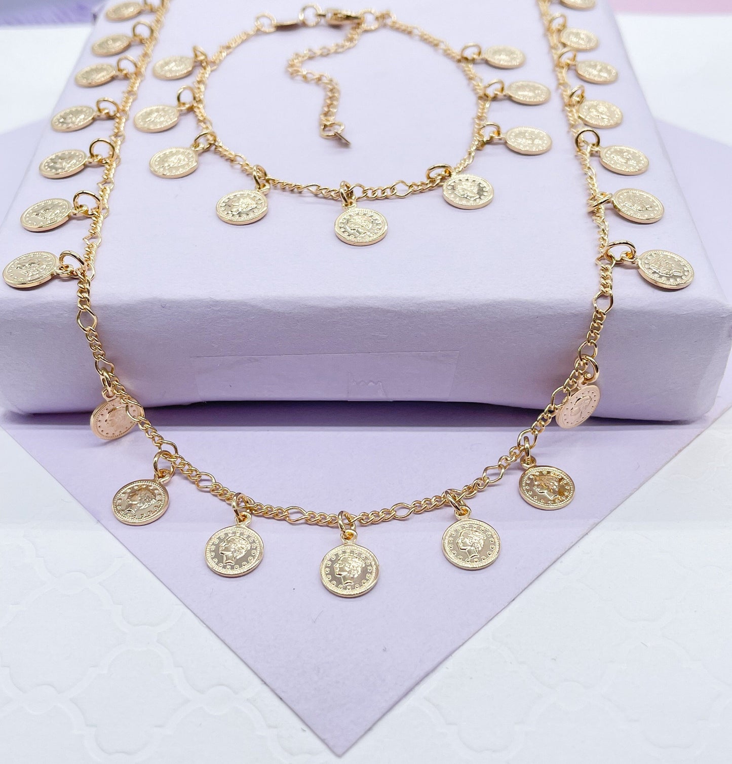 18k GoldFilled Charm Necklace And Bracelet Set With Mini Medallion Charms