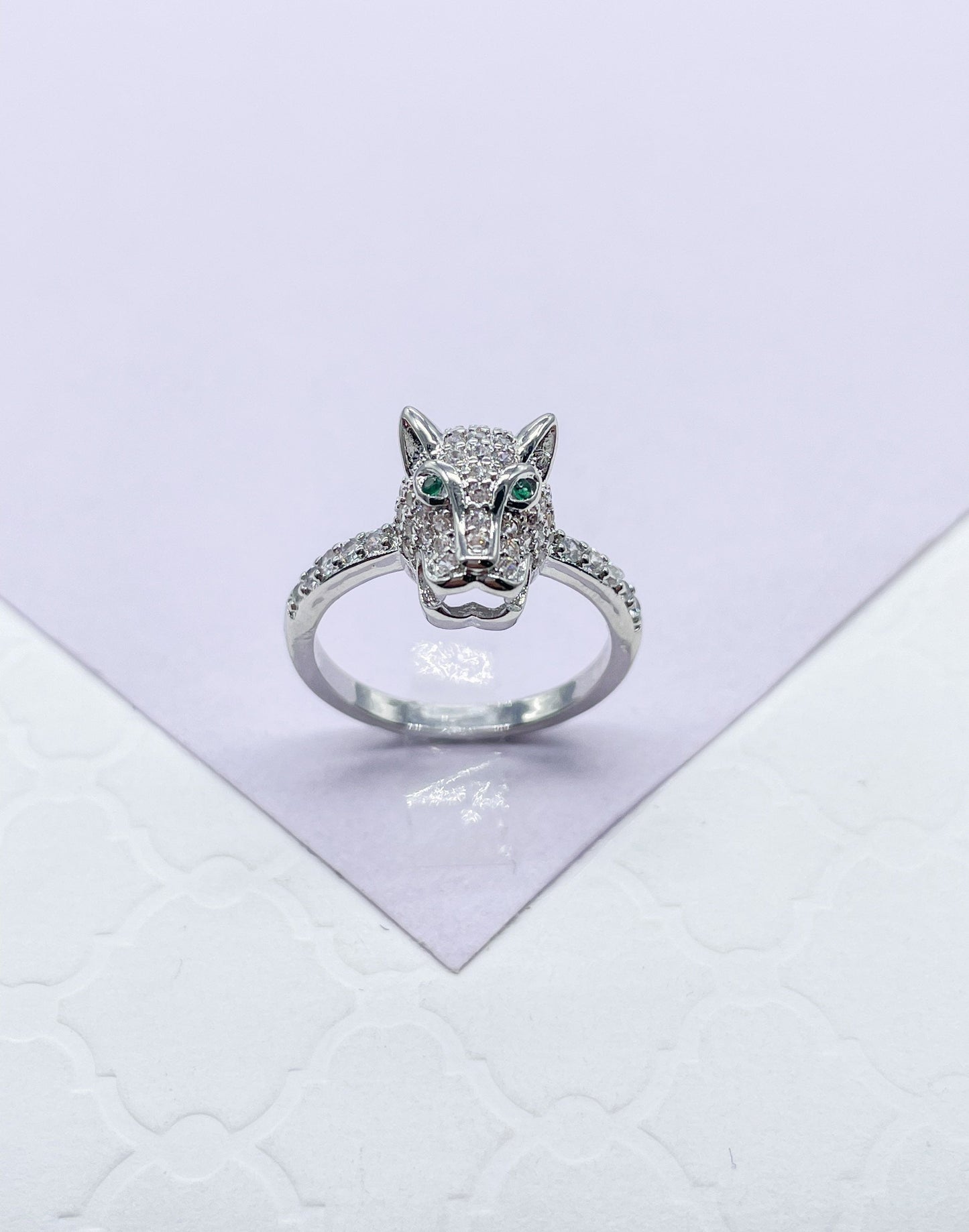 18k Gold Filled Zirconia Panther Ring With Emerald colored Eyes