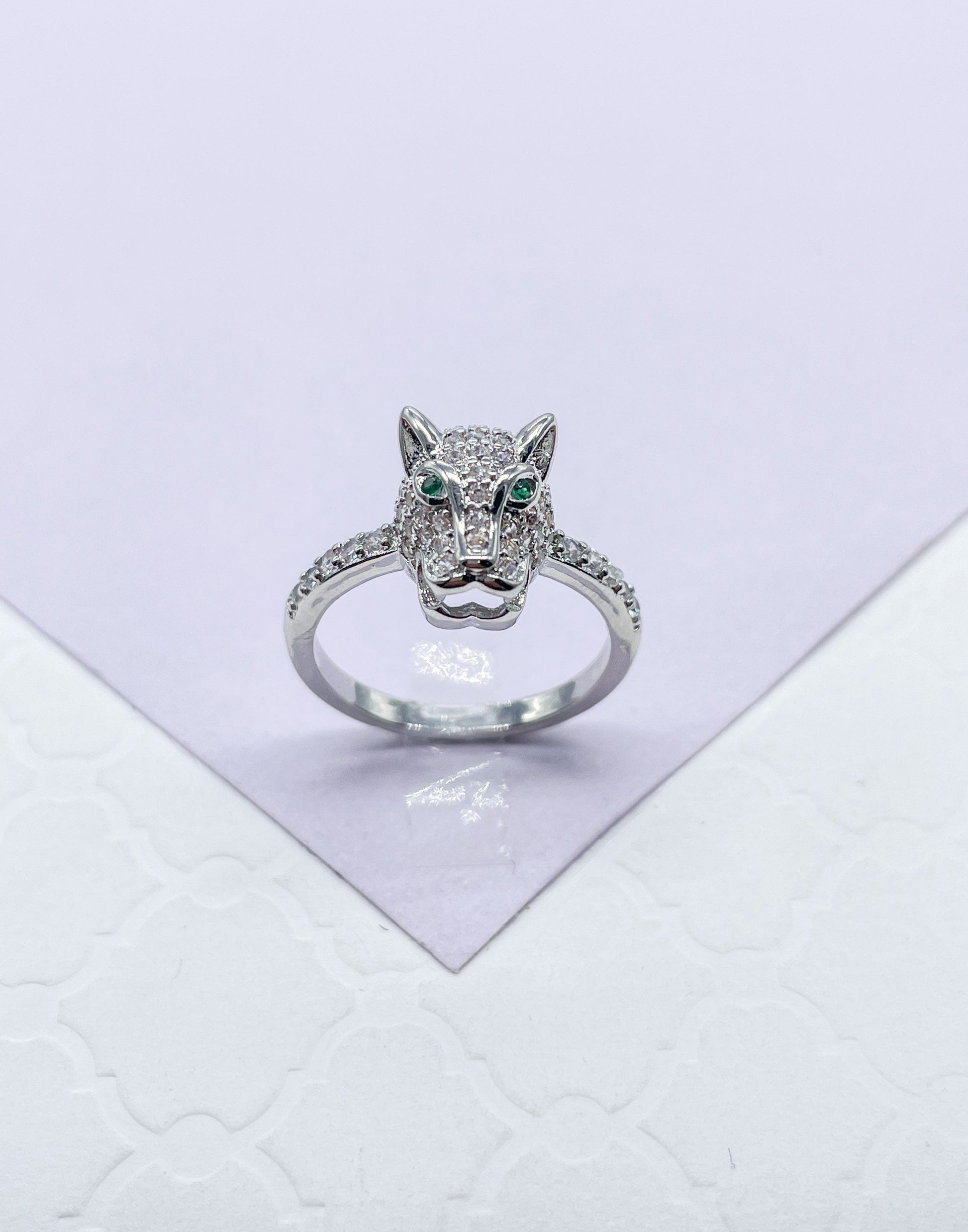 18k Gold Filled Zirconia Panther Ring With Emerald colored Eyes