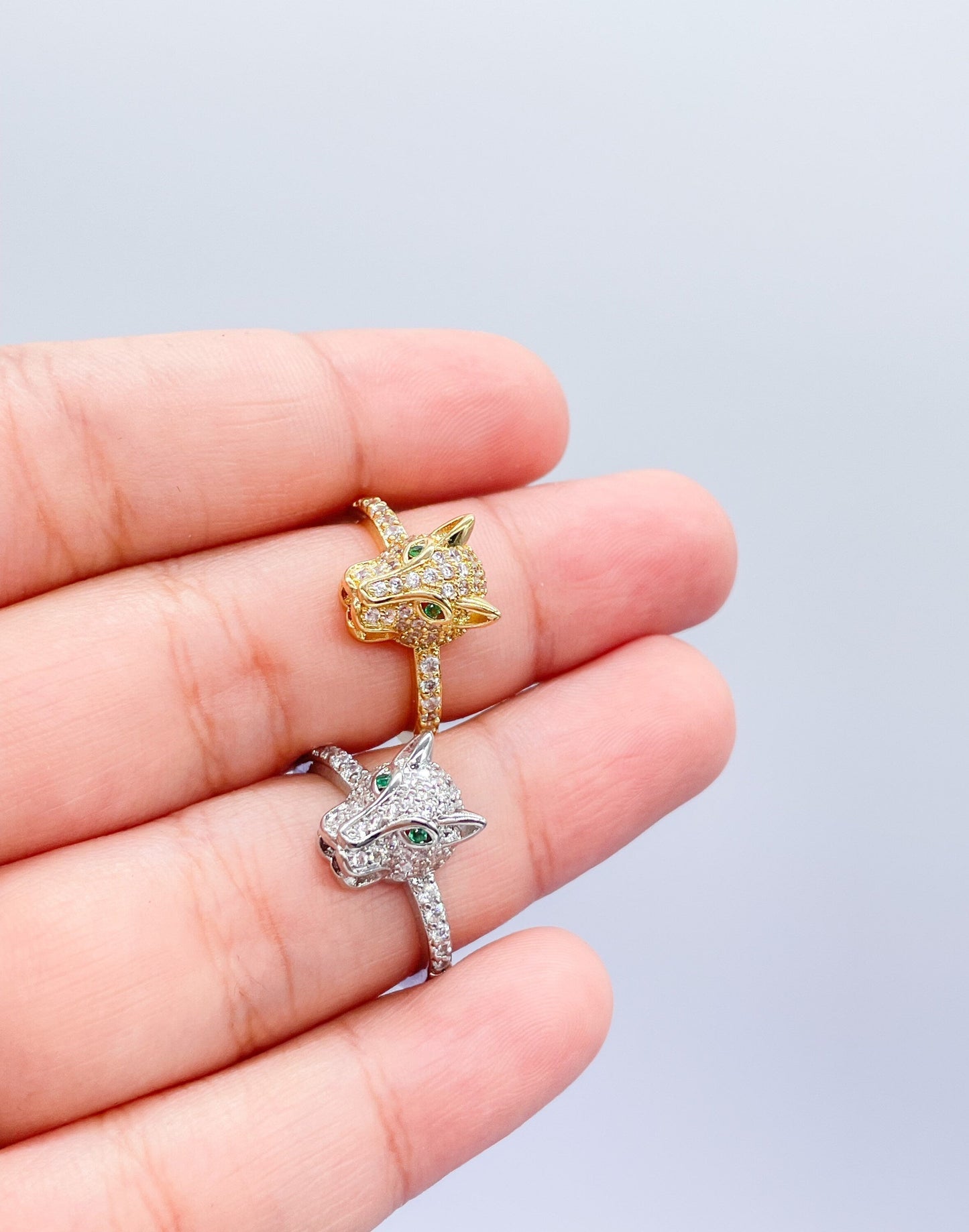 18k Gold Filled Zirconia Panther Ring With Emerald colored Eyes