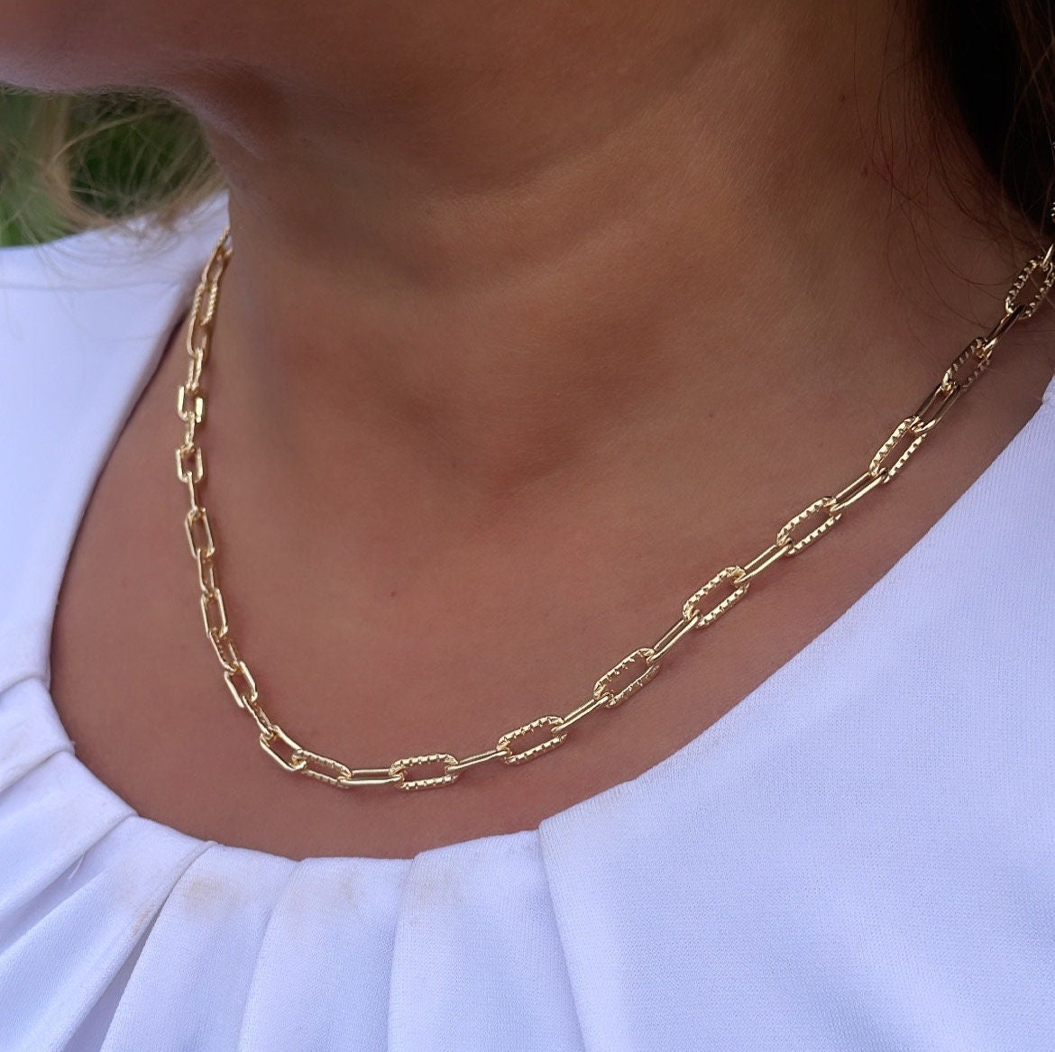 18k Gold Filled Paper Clip Chain with Layered Score Patterns