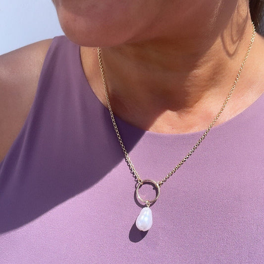 18k Gold Filled Rolo Choker With Large Synthetic Pearl Charm