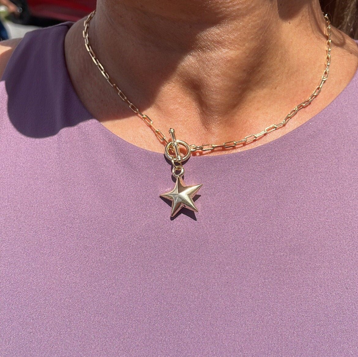 18k Gold Filled PaperClip Toggle Choker With Star Pendant