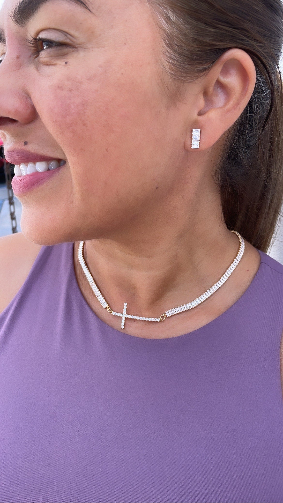 18k Gold Filled Baguette Choker With CZ Pavè Cross In The Center