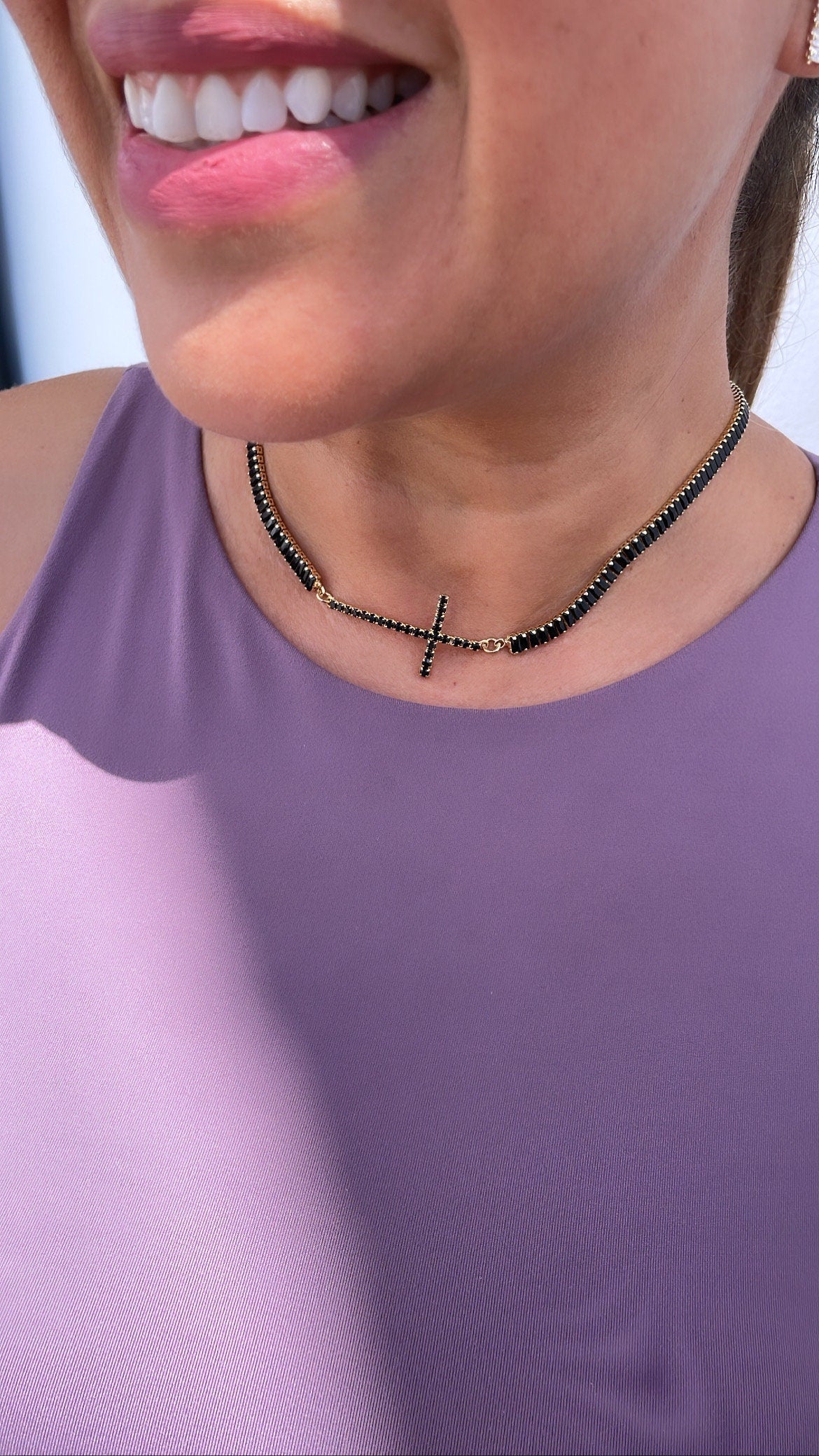 18k Gold Filled Baguette Choker With CZ Pavè Cross In The Center