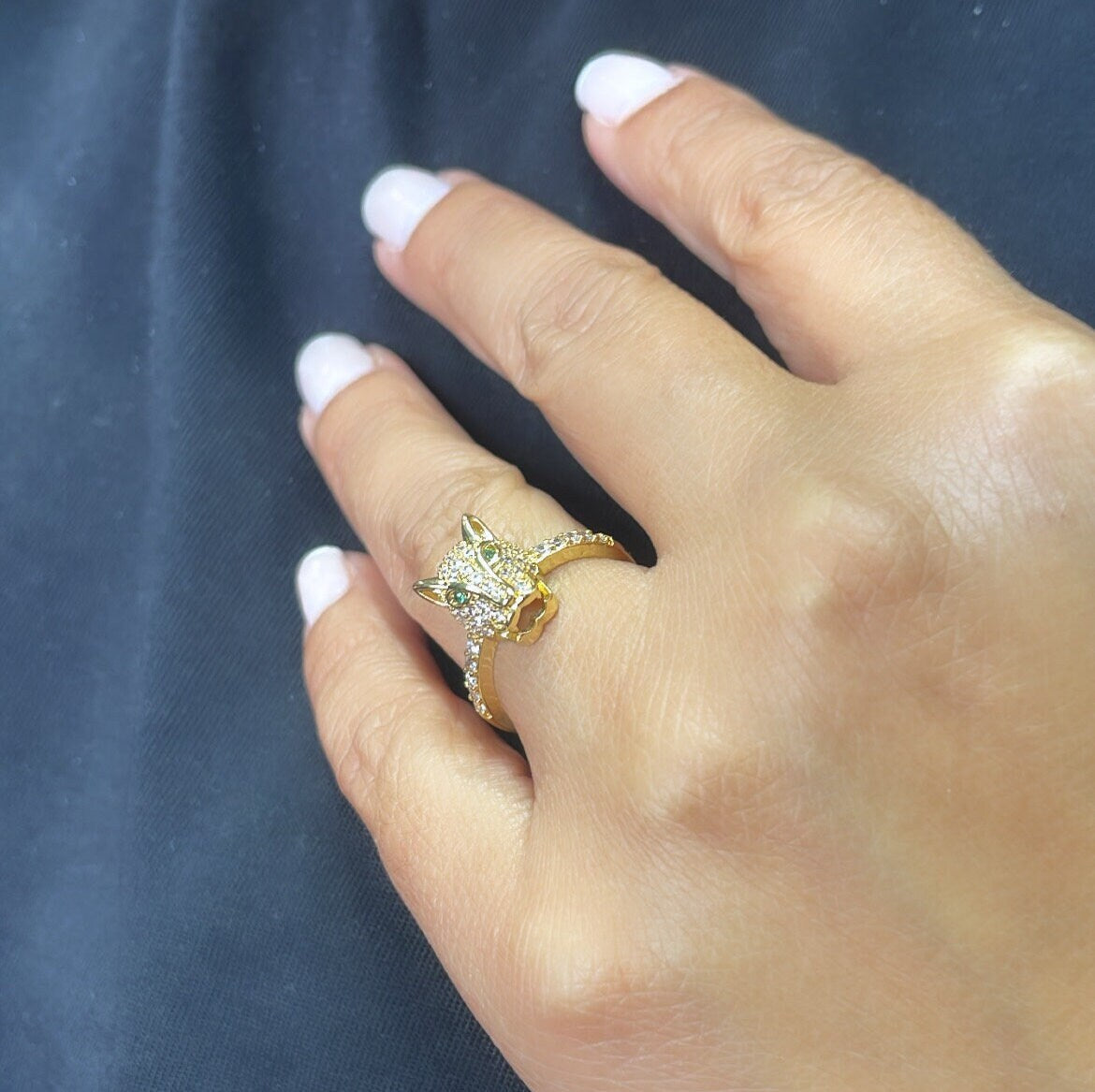 18k Gold Filled Zirconia Panther Ring With Emerald colored Eyes