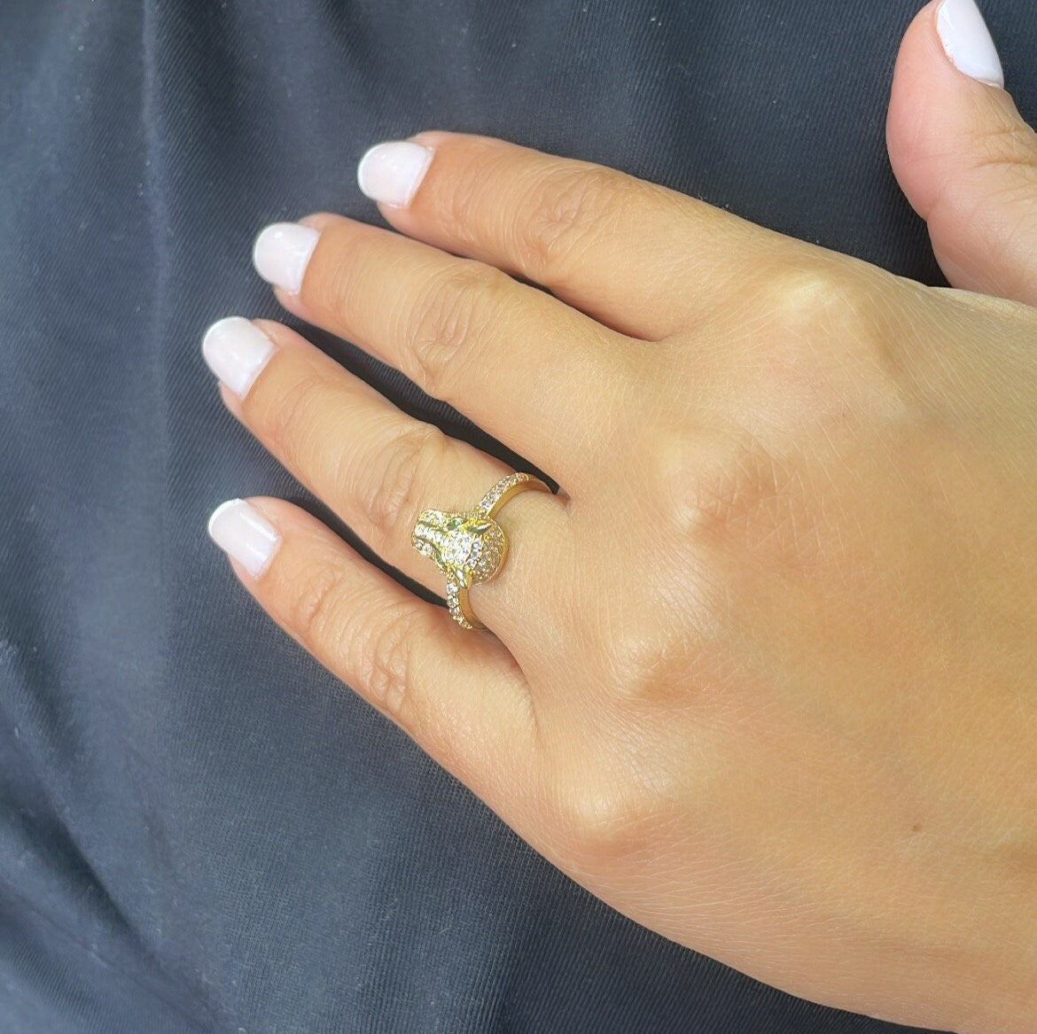 18k Gold Filled Zirconia Panther Ring With Emerald colored Eyes