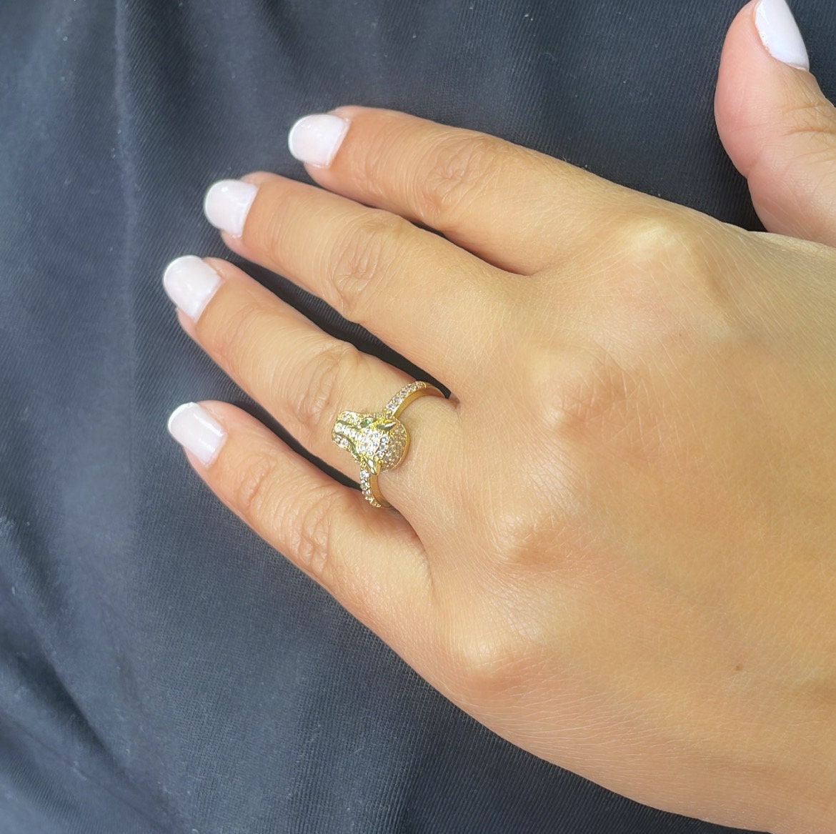 18k Gold Filled Zirconia Panther Ring With Emerald colored Eyes