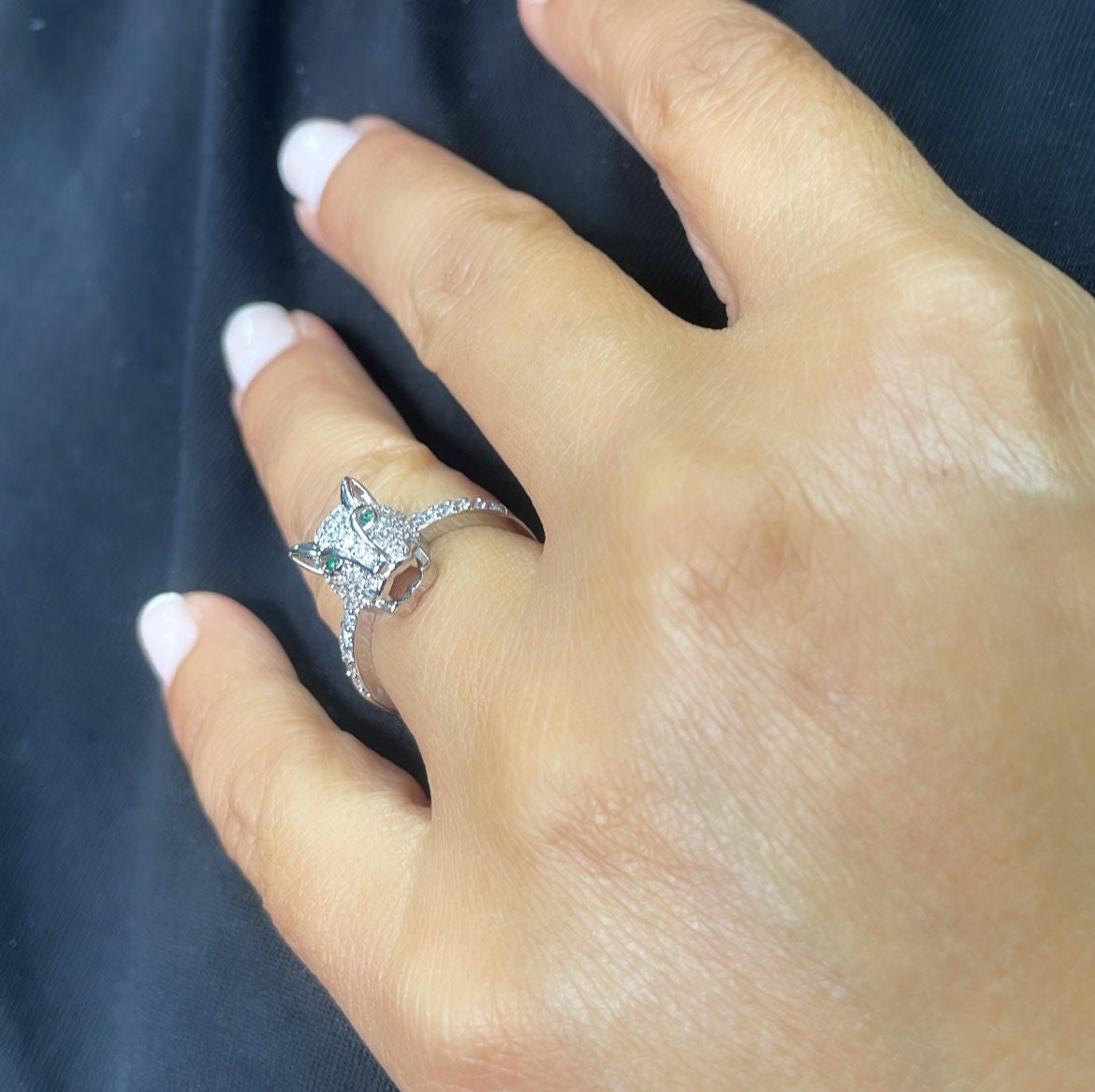 18k Gold Filled Zirconia Panther Ring With Emerald colored Eyes