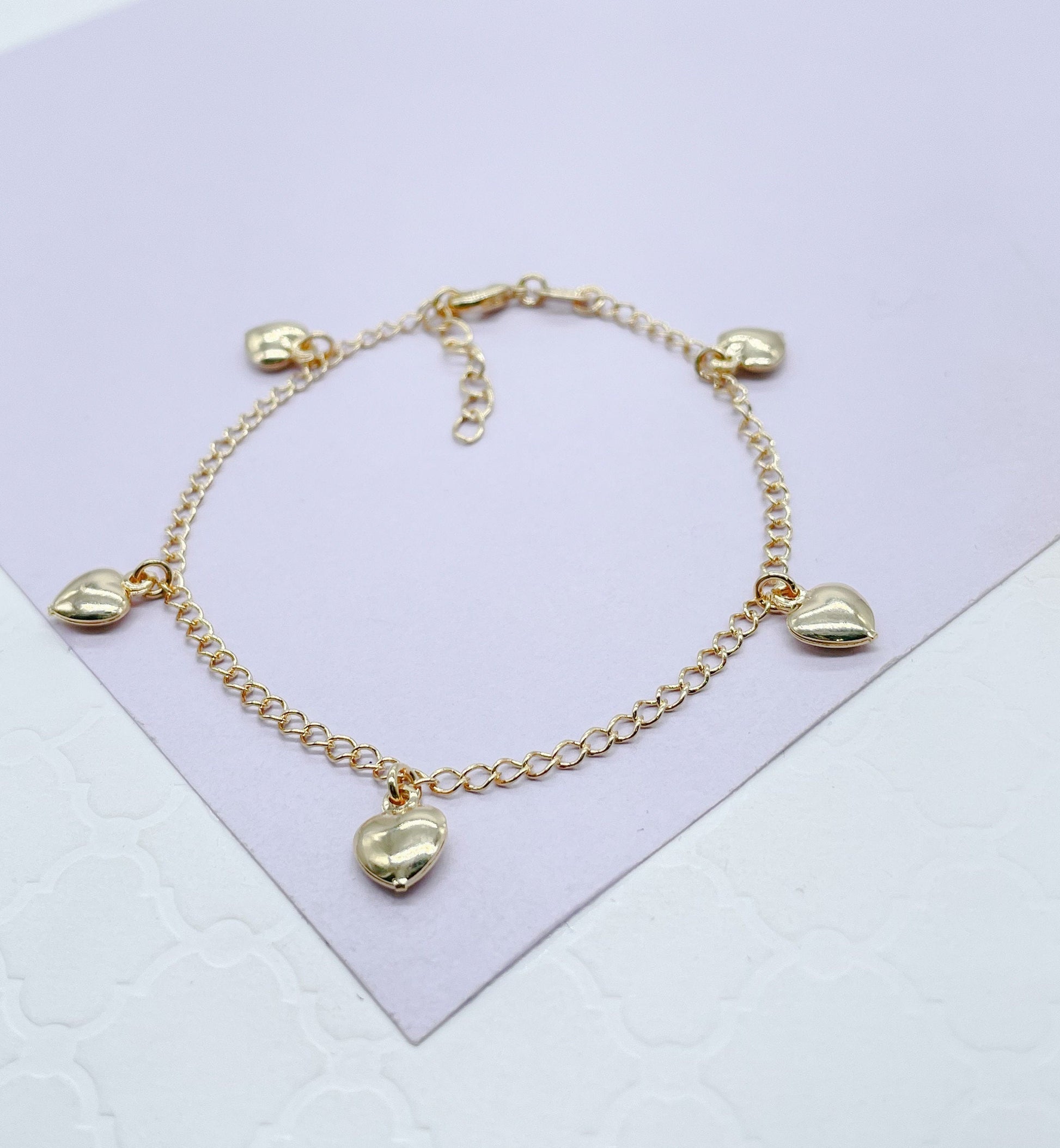 18k Gold Filled Curb Link Plain Bracelet With Heart Charm